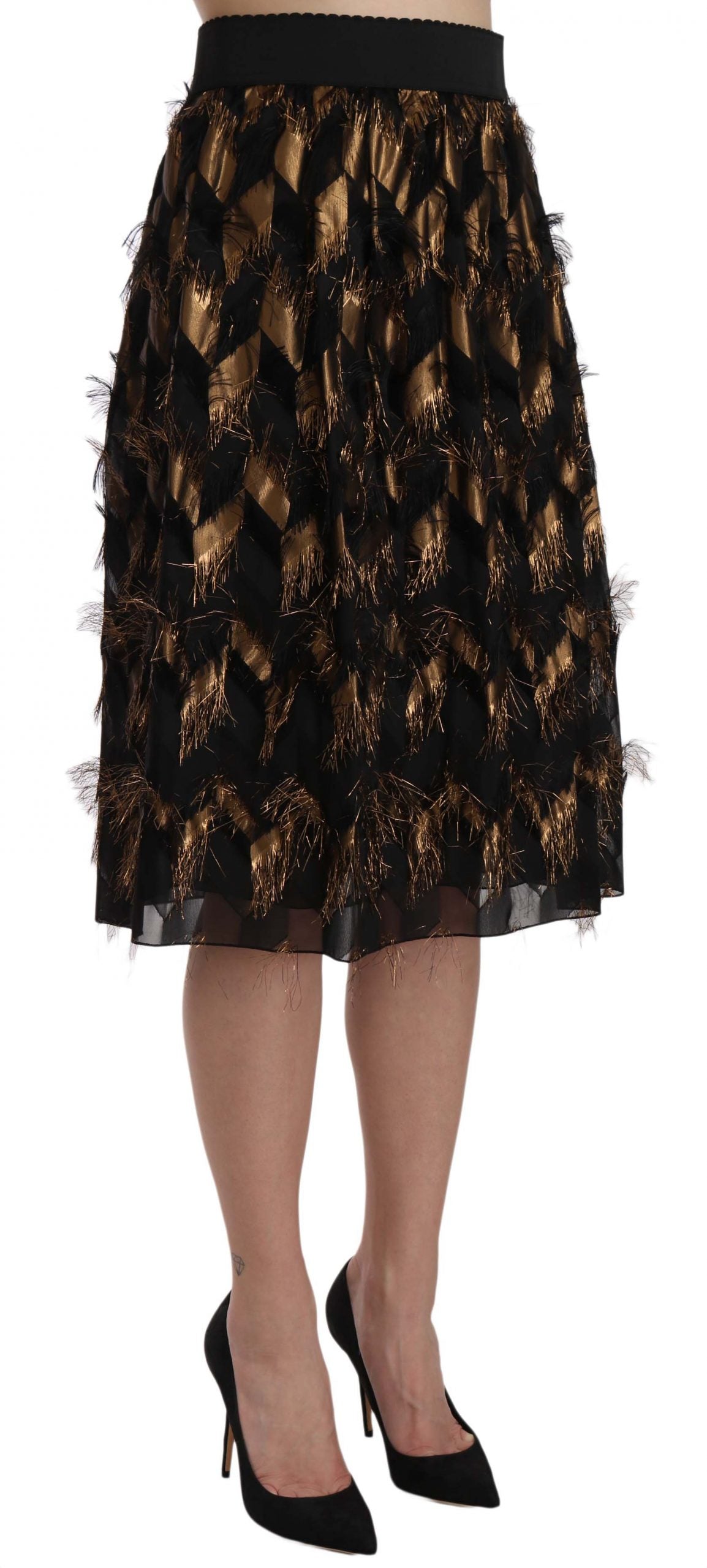 Dolce & Gabbana Black Gold Fringe Metallic Pencil A-line Women's Skirt