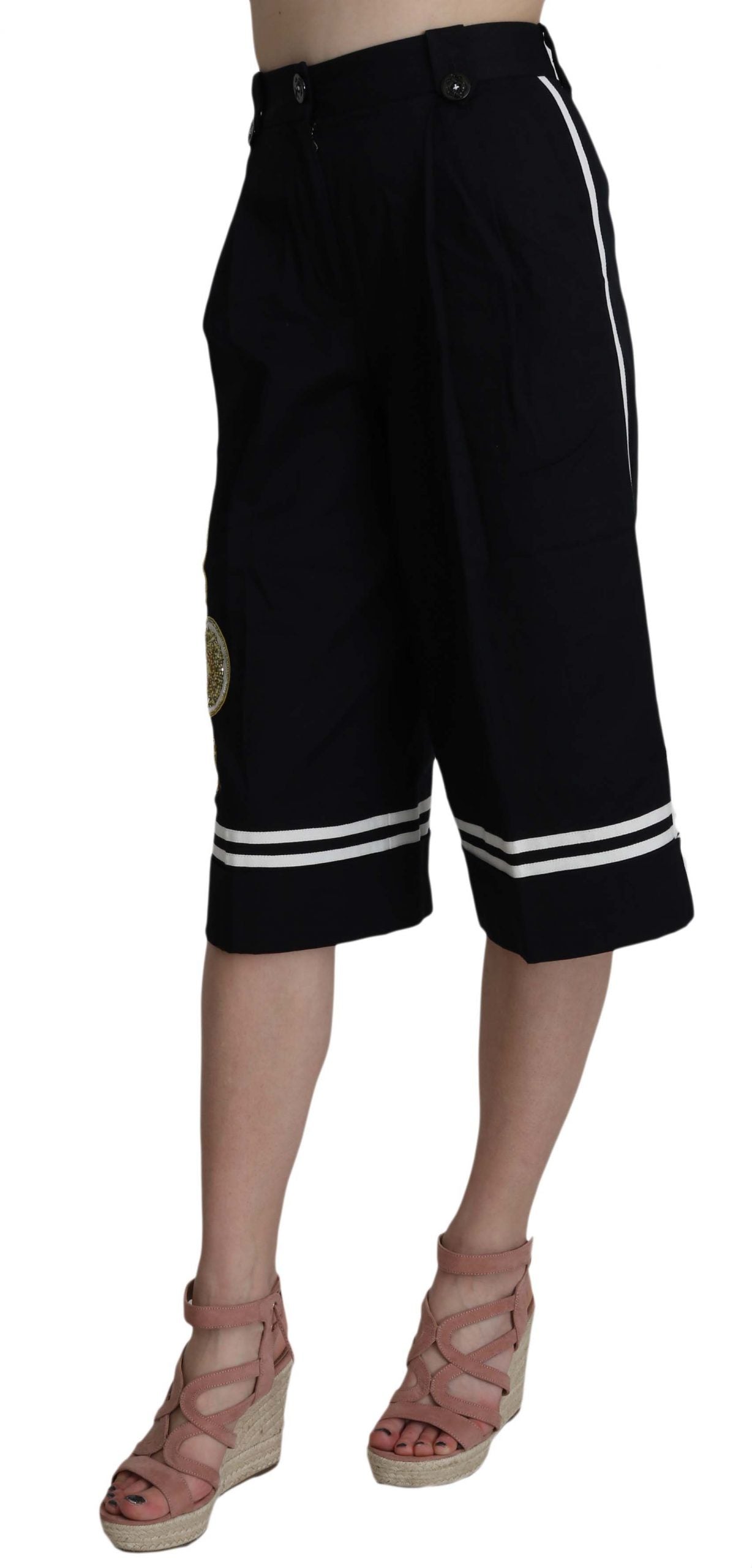 Dolce & Gabbana Black Cotton Cropped Embellished Women's Pants