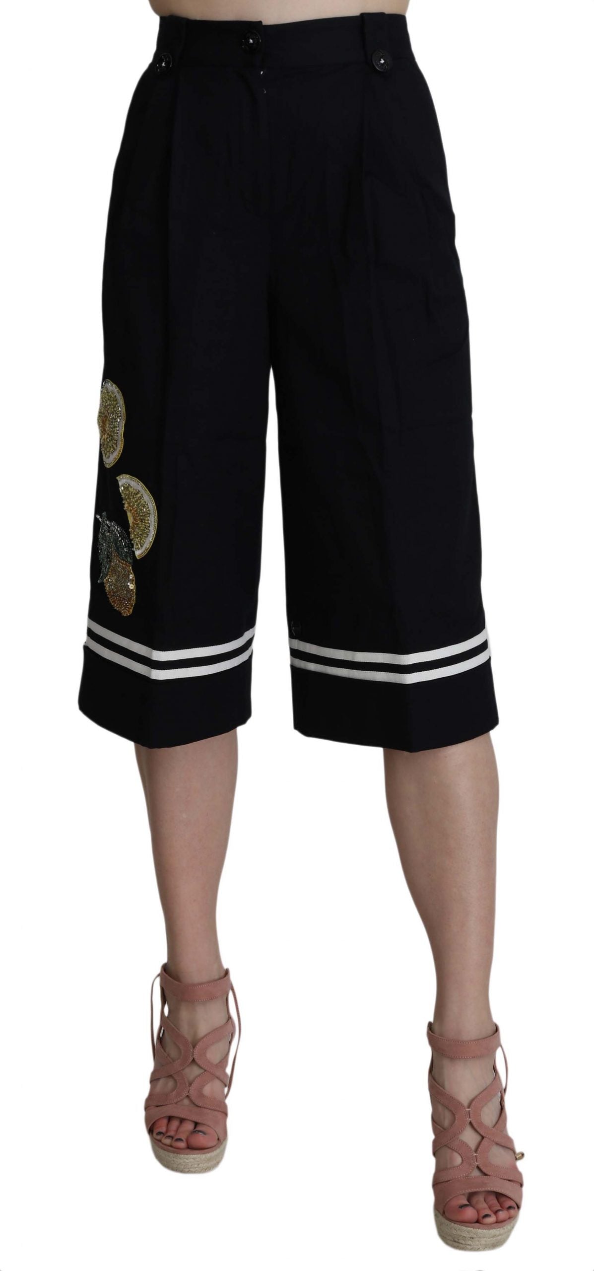 Dolce & Gabbana Black Cotton Cropped Embellished Women's Pants