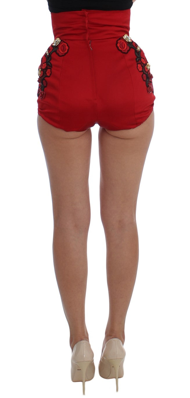 Dolce & Gabbana Red Silk Crystal Roses Women's Shorts