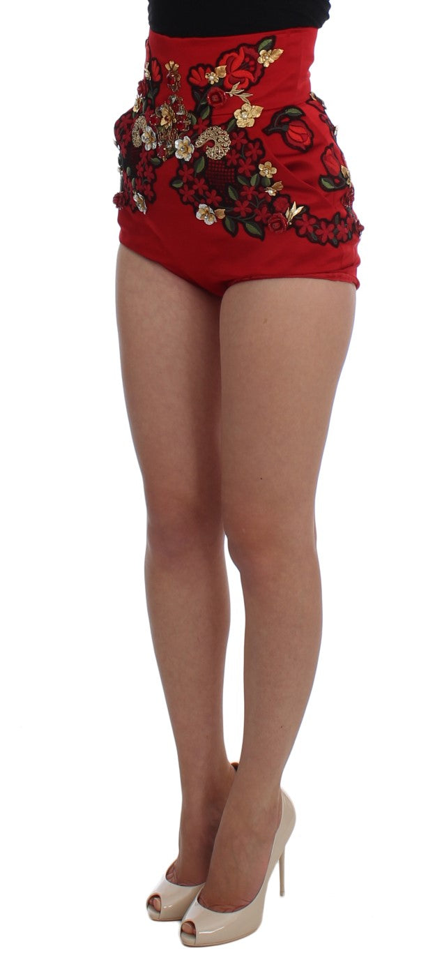 Dolce & Gabbana Red Silk Crystal Roses Women's Shorts