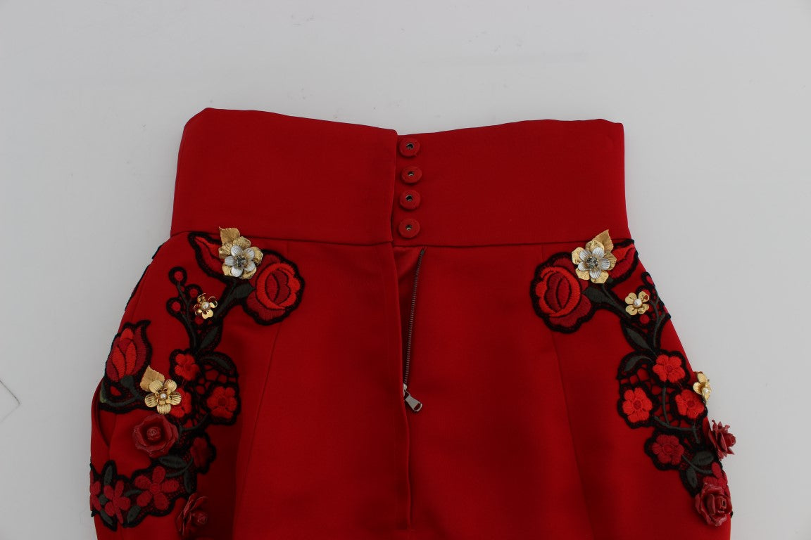 Dolce & Gabbana Red Silk Crystal Roses Women's Shorts