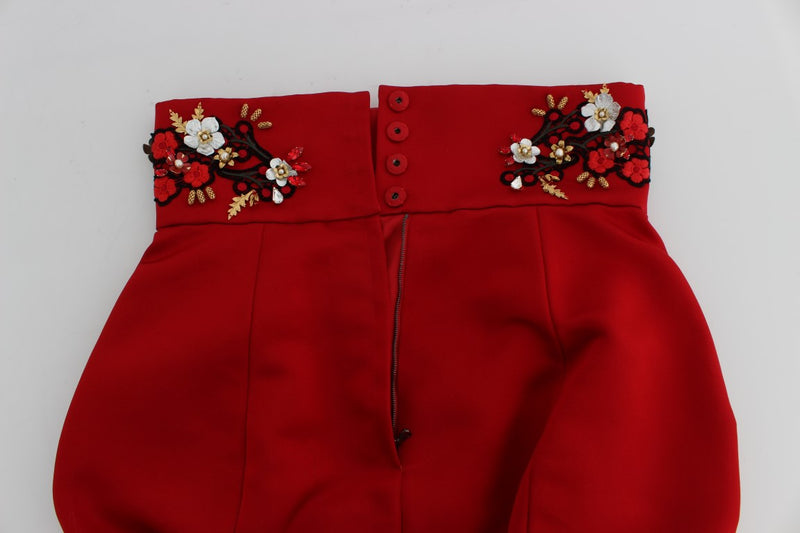 Dolce & Gabbana Red Silk Crystal-Embellished High Waist Women's Shorts
