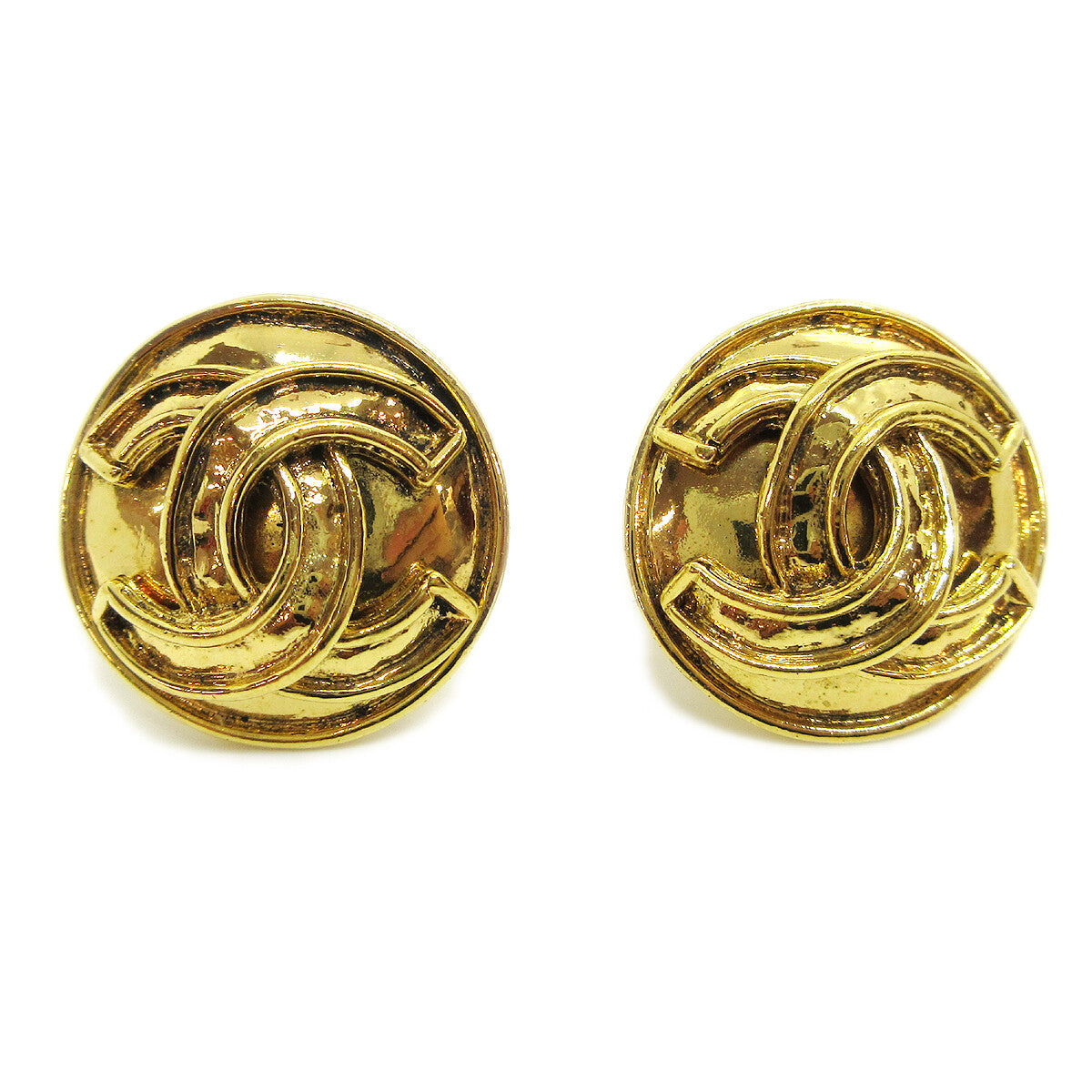 Chanel Vintage Cc Round Clip-On Metal Gold Gold_Plated Earrings Jewelry (Pre-Owned)