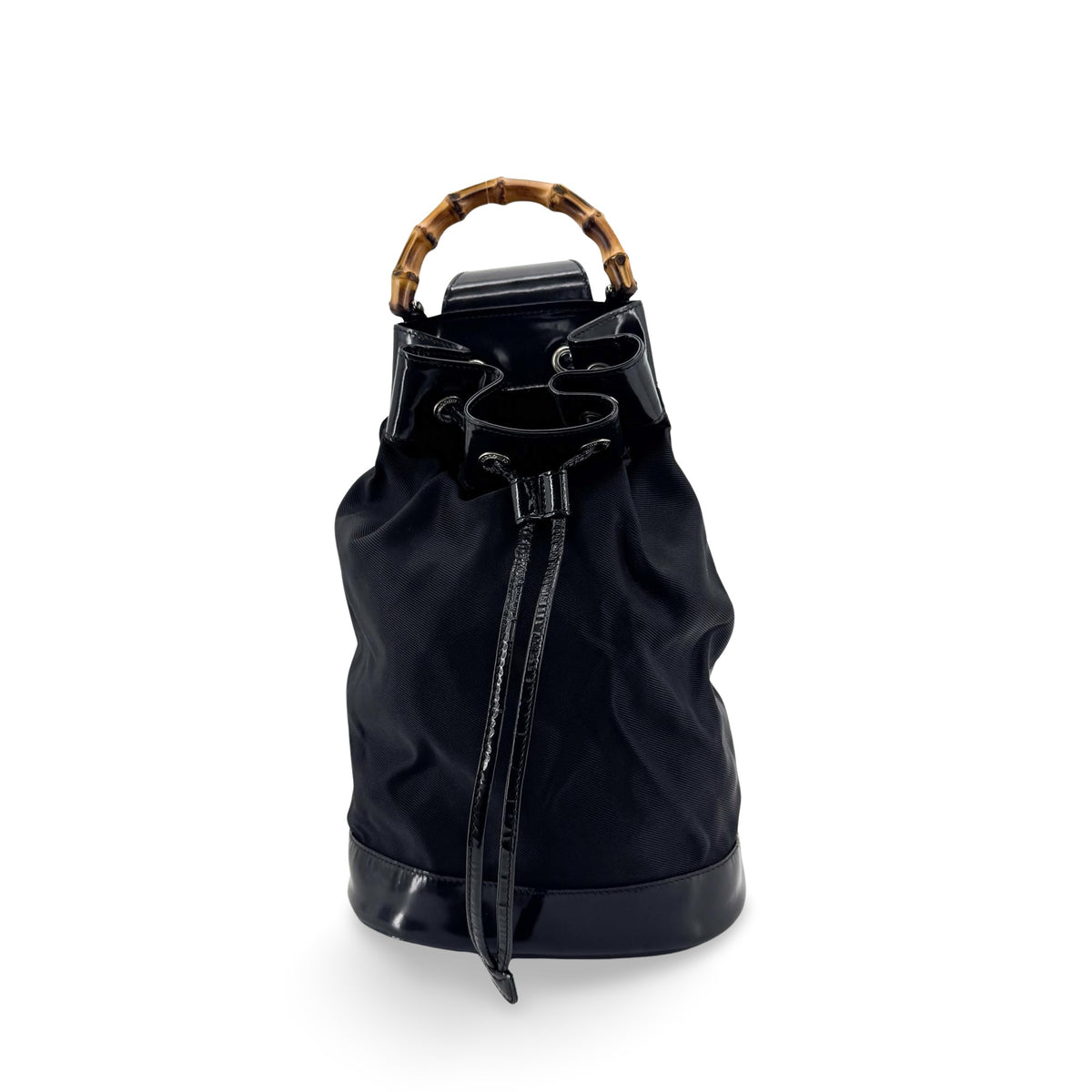 Gucci Vintage Bamboo Drawstring Suede And Leather Black Nylon Backpack Bag (Pre-Owned)