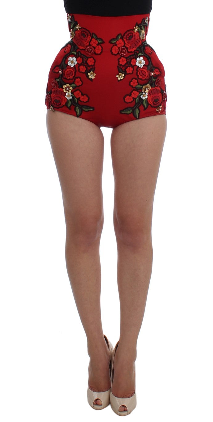 Dolce & Gabbana Glamorous Red Silk Floral Embroidered Women's Shorts