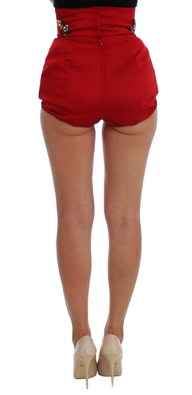Dolce & Gabbana Red Silk Crystal Roses Women's Shorts