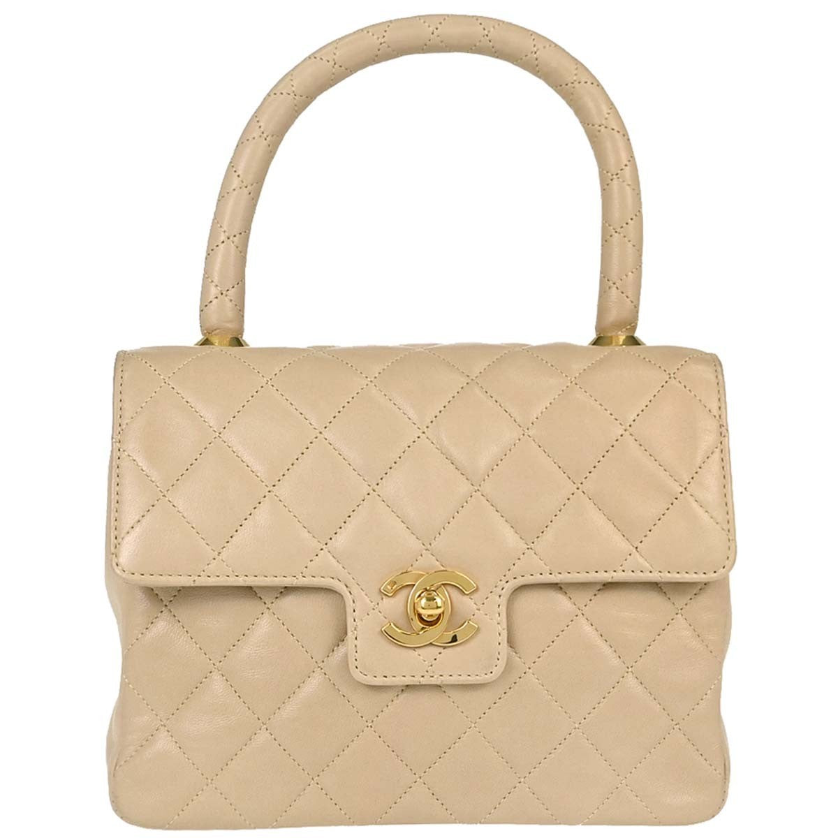 Chanel Cc Top Handle Flap Quilted Lambskin Beige Leather Handbag (Pre-Owned)