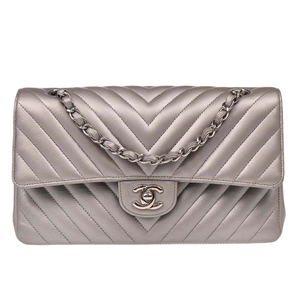 Chanel Timeless - Classic Double Flap Leather Silver Calfskin Shoulder Bag Bag (Pre-Owned)