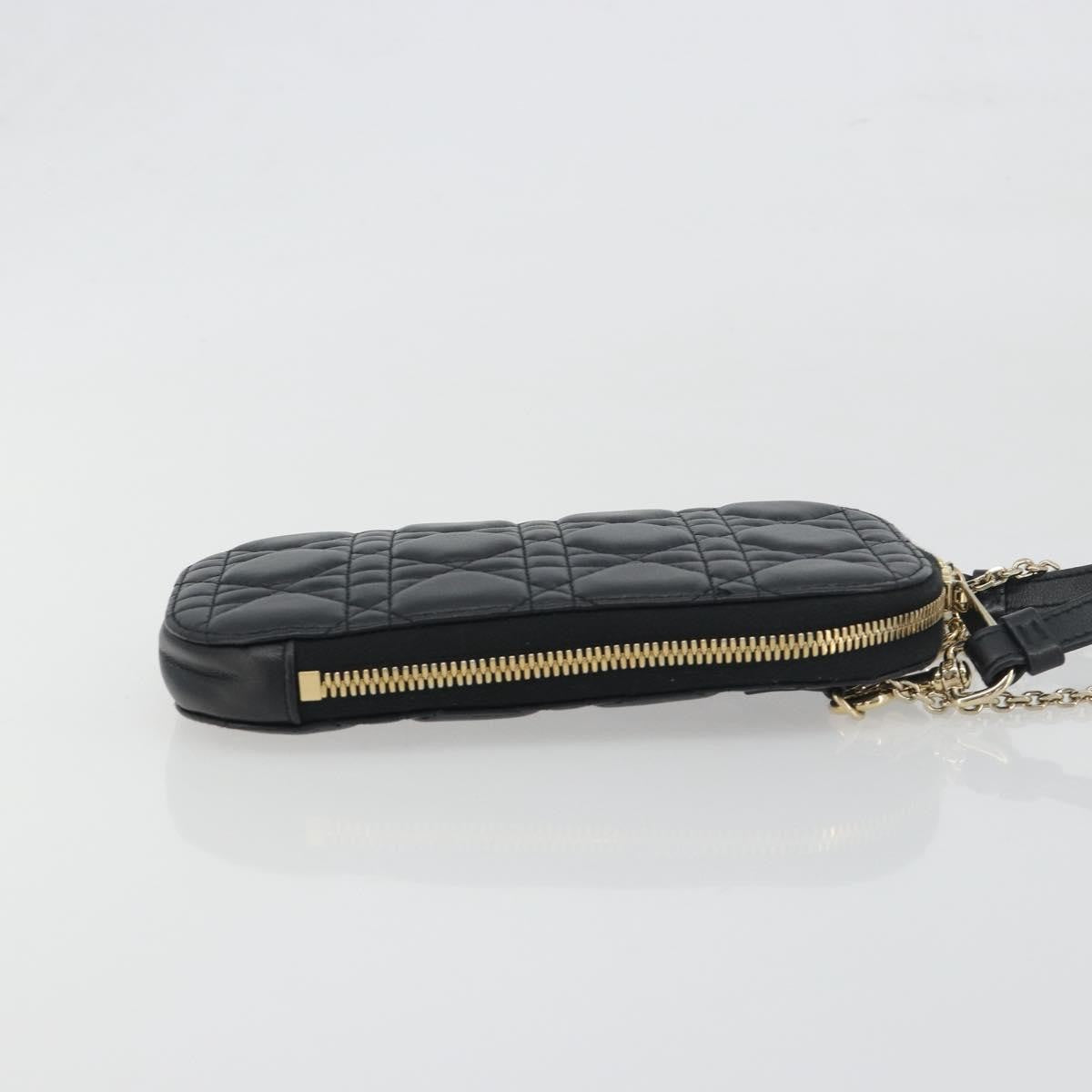 Christian Dior Lady Dior Phone Holder On Chain Cannage Quilt Lambskin Black Leather Shoulder Bag Bag (Pre-Owned)