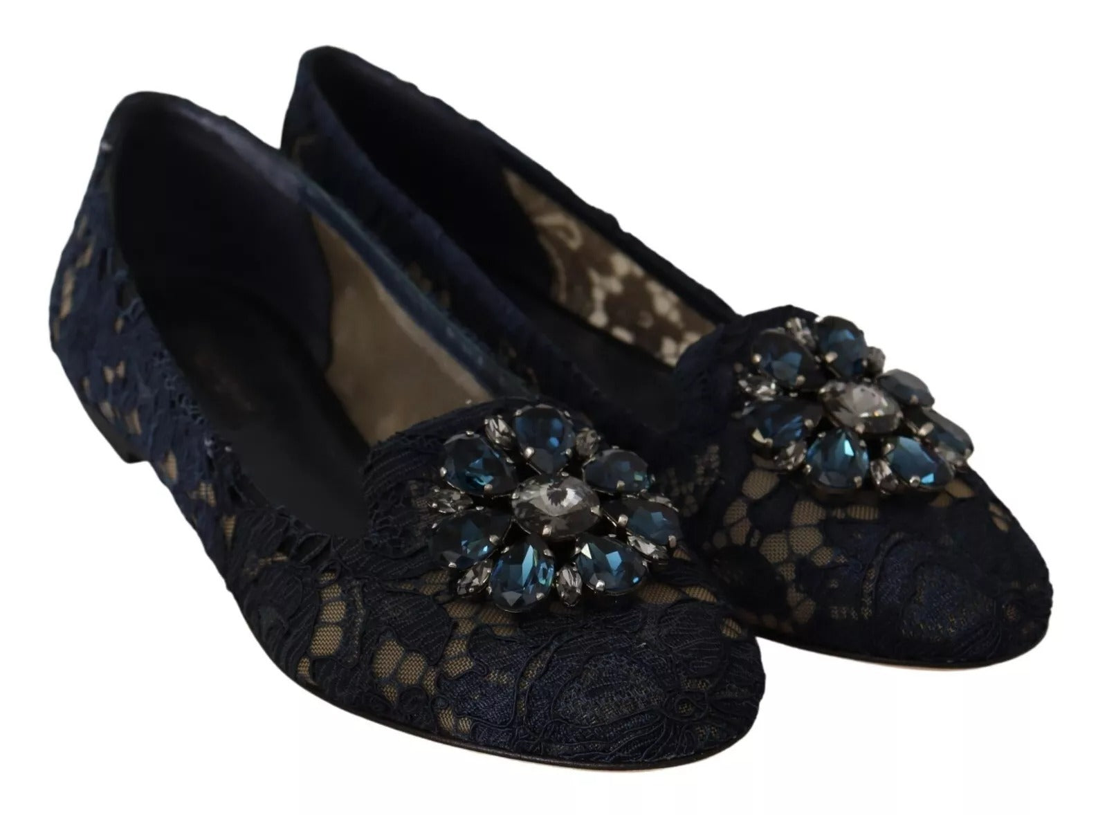 Dolce & Gabbana Blue Crystal Loafer Lace Ballet Flats Women's Shoes (Pre-Owned)