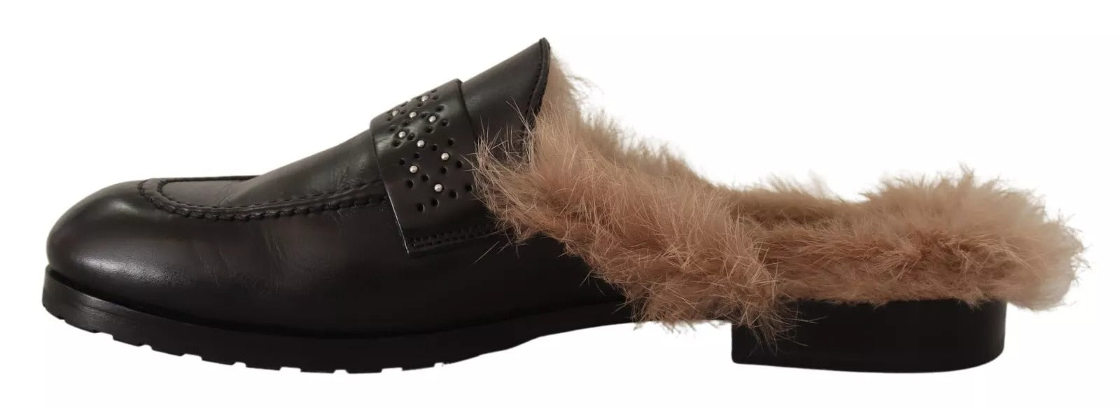 Peserico Black Leather Fur Perforated Slip On Flats Women's Shoes (Pre-Owned)