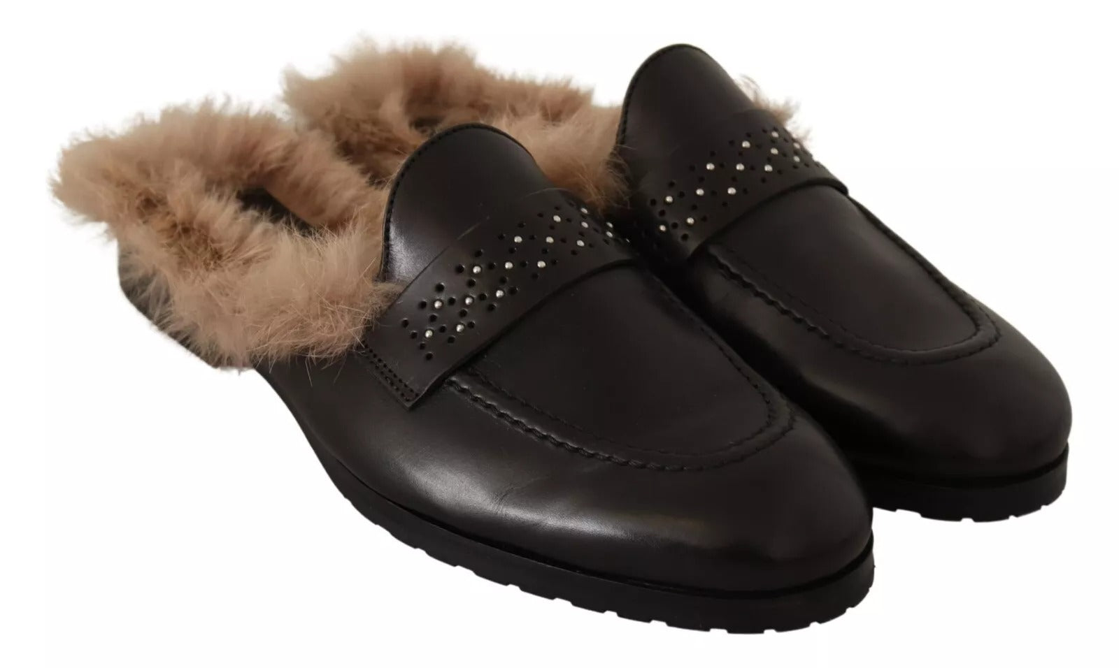 Peserico Black Leather Fur Perforated Slip On Flats Women's Shoes (Pre-Owned)