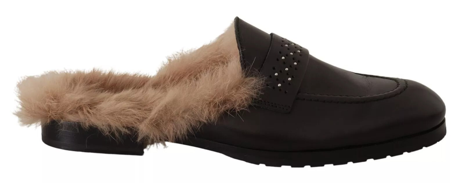 Peserico Black Leather Fur Perforated Slip On Flats Women's Shoes (Pre-Owned)