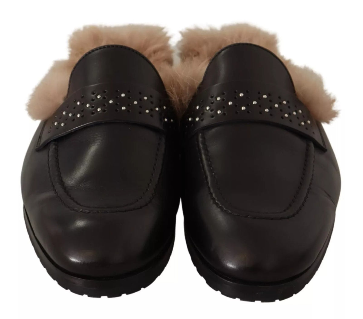 Peserico Black Leather Fur Perforated Slip On Flats Women's Shoes (Pre-Owned)