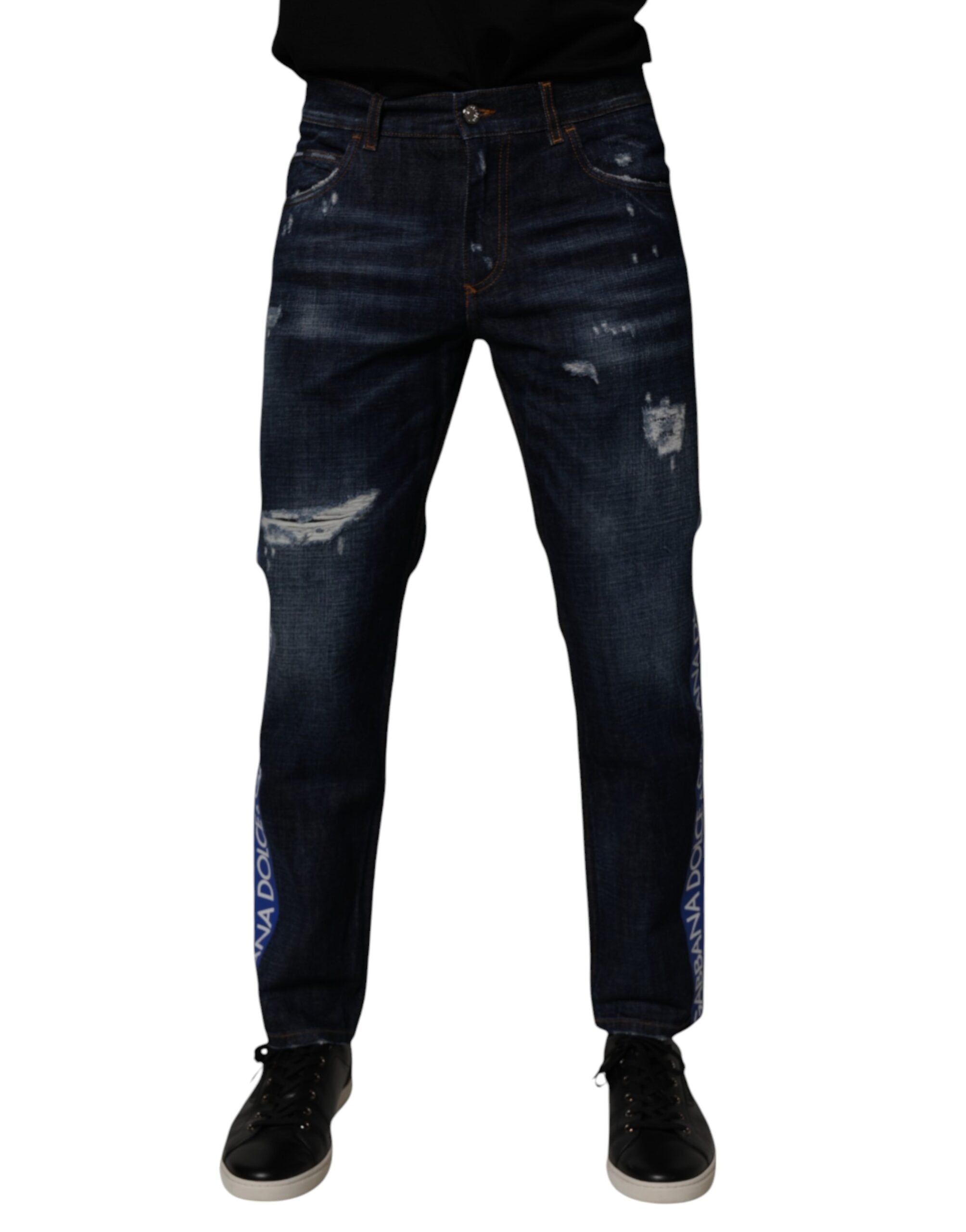 Dolce & Gabbana Dark Blue Cotton Tattered Skinny Denim Men's Jeans