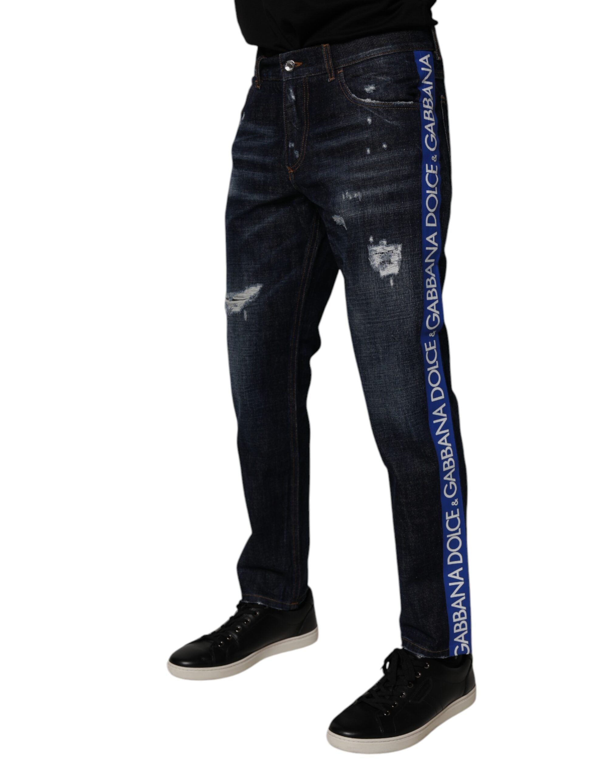 Dolce & Gabbana Dark Blue Cotton Tattered Skinny Denim Men's Jeans