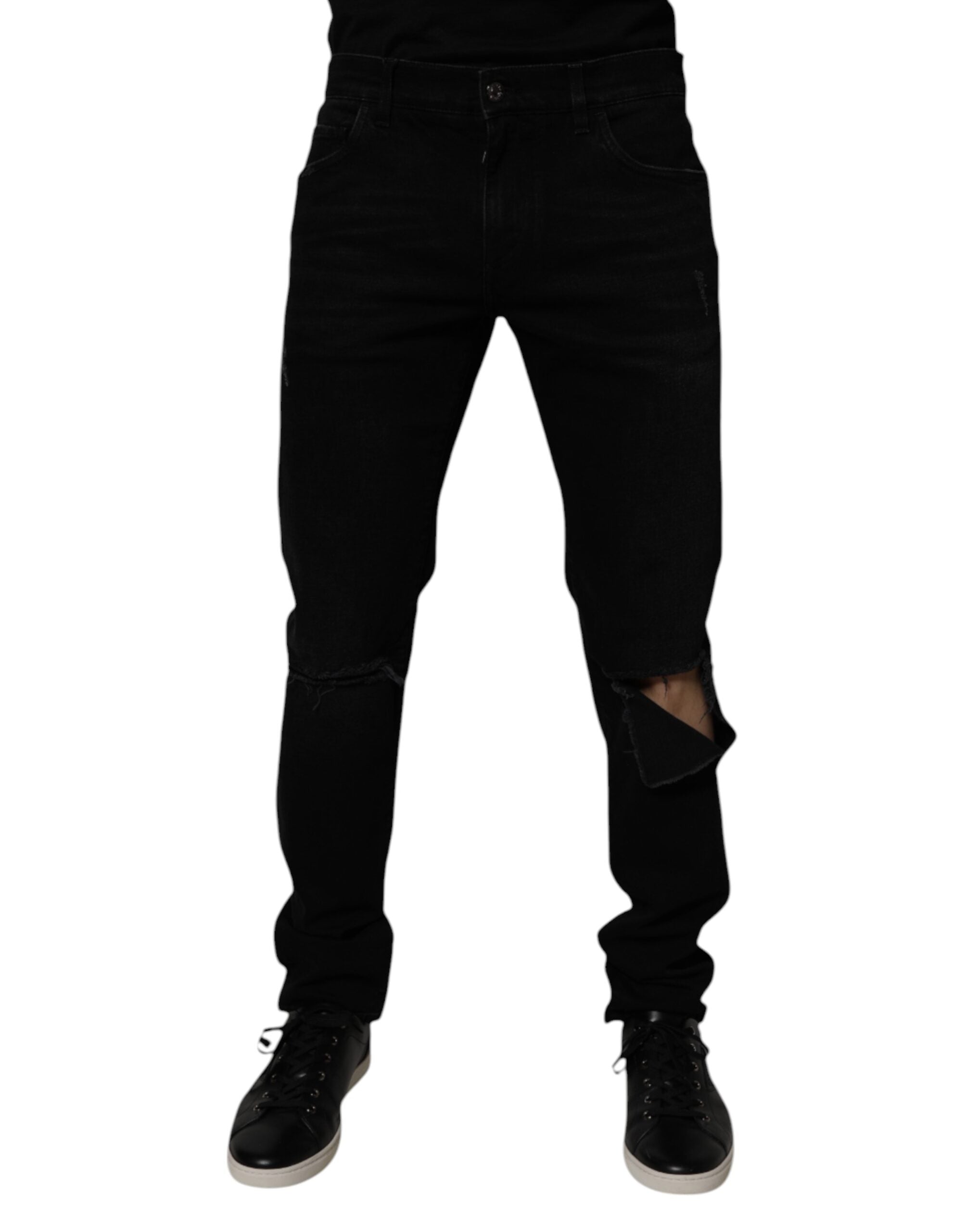 Dolce & Gabbana Black Cotton Tattered Skinny Men Denim Men's Jeans