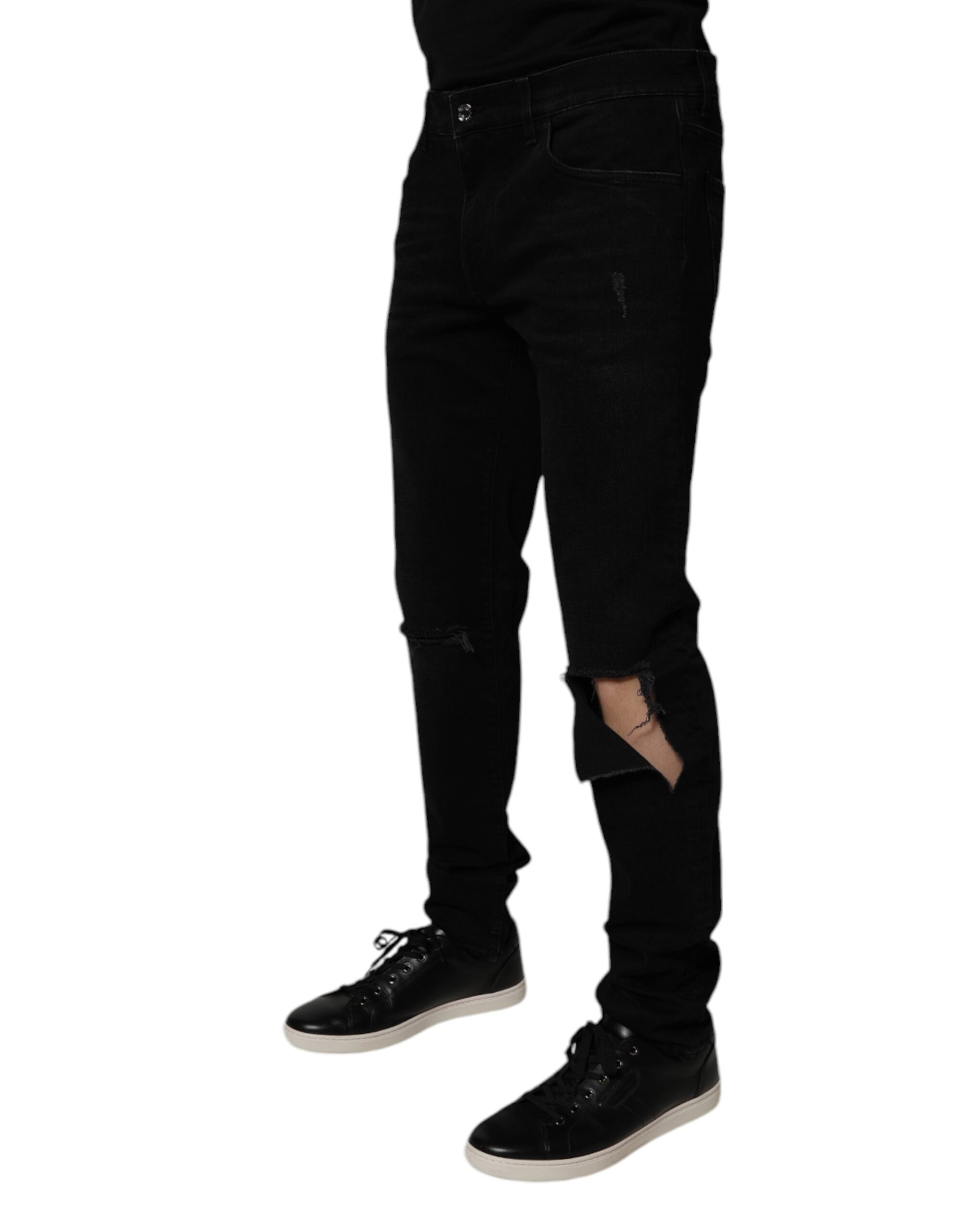 Dolce & Gabbana Black Cotton Tattered Skinny Men Denim Men's Jeans