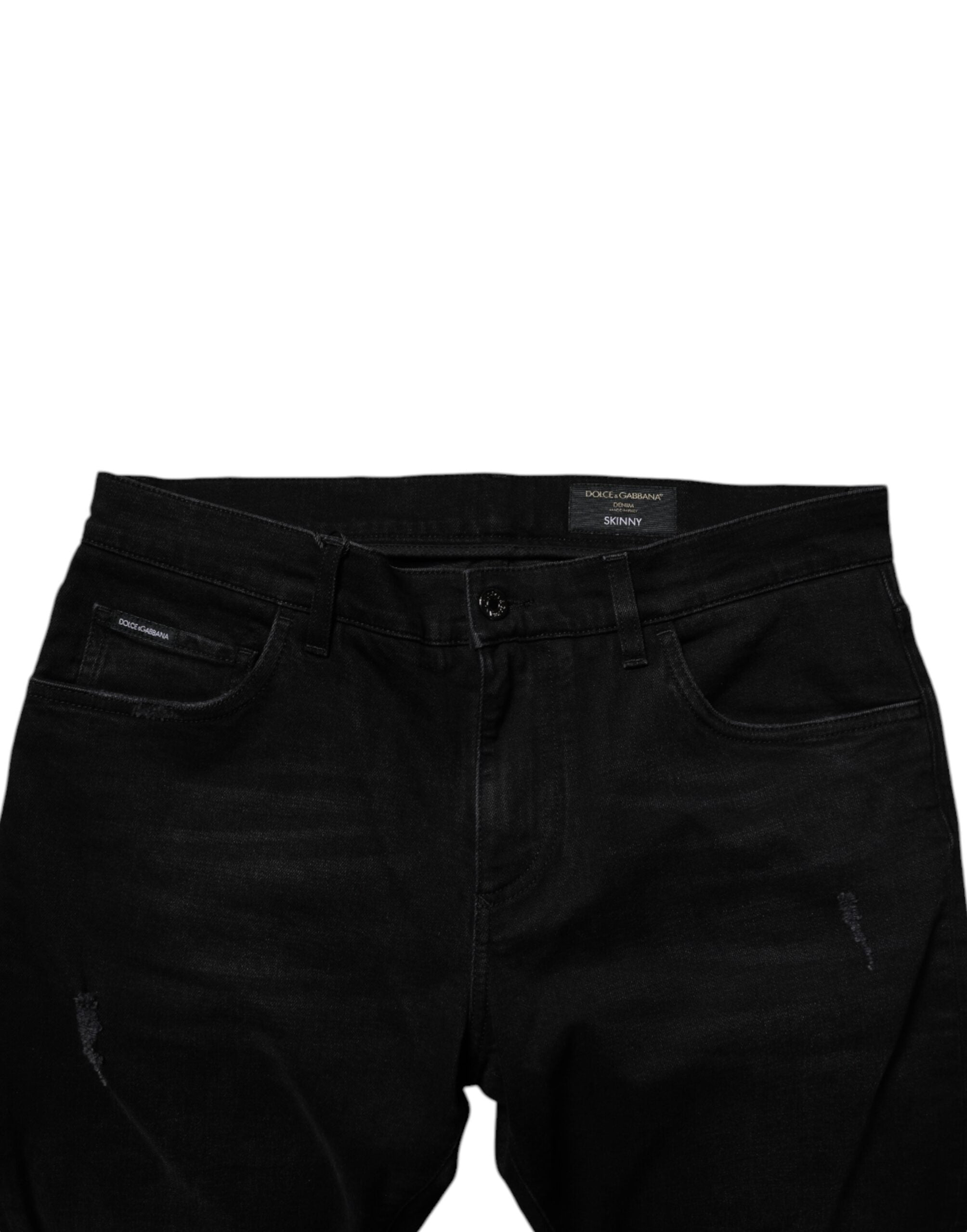 Dolce & Gabbana Black Cotton Tattered Skinny Men Denim Men's Jeans
