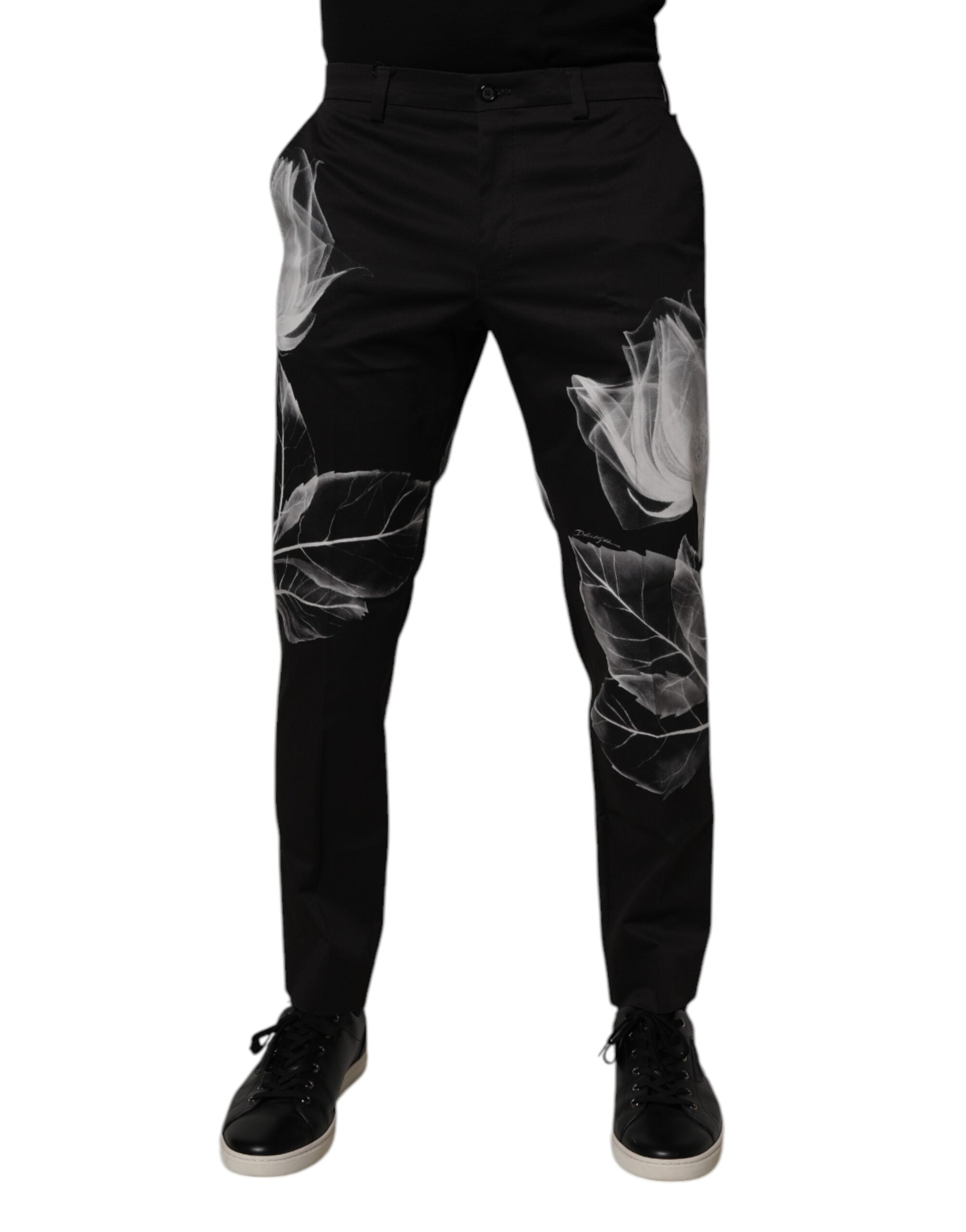 Dolce & Gabbana Black Cotton Floral Skinny Dress Men's Pants