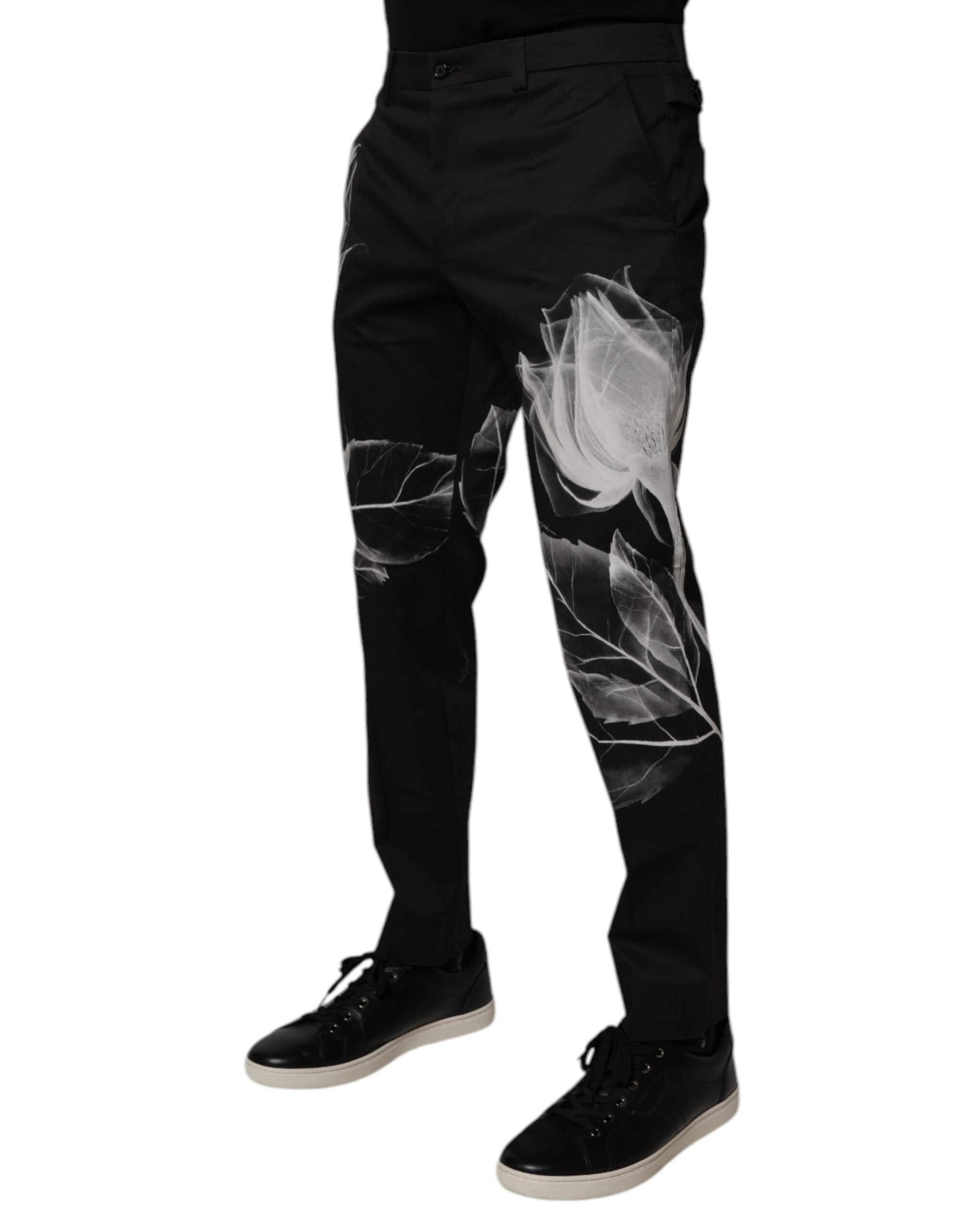 Dolce & Gabbana Black Cotton Floral Skinny Dress Men's Pants