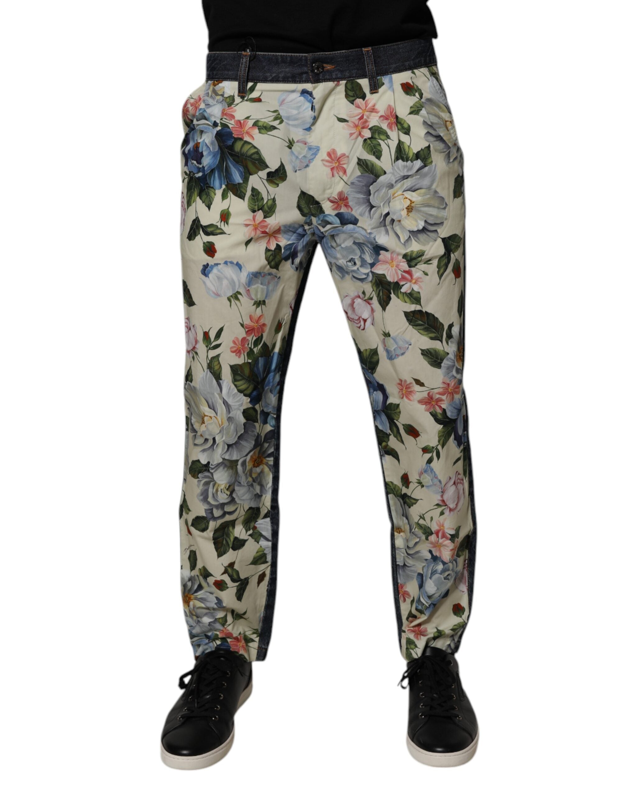Dolce & Gabbana Beige Blue Floral Cotton Men Denim Men's Jeans