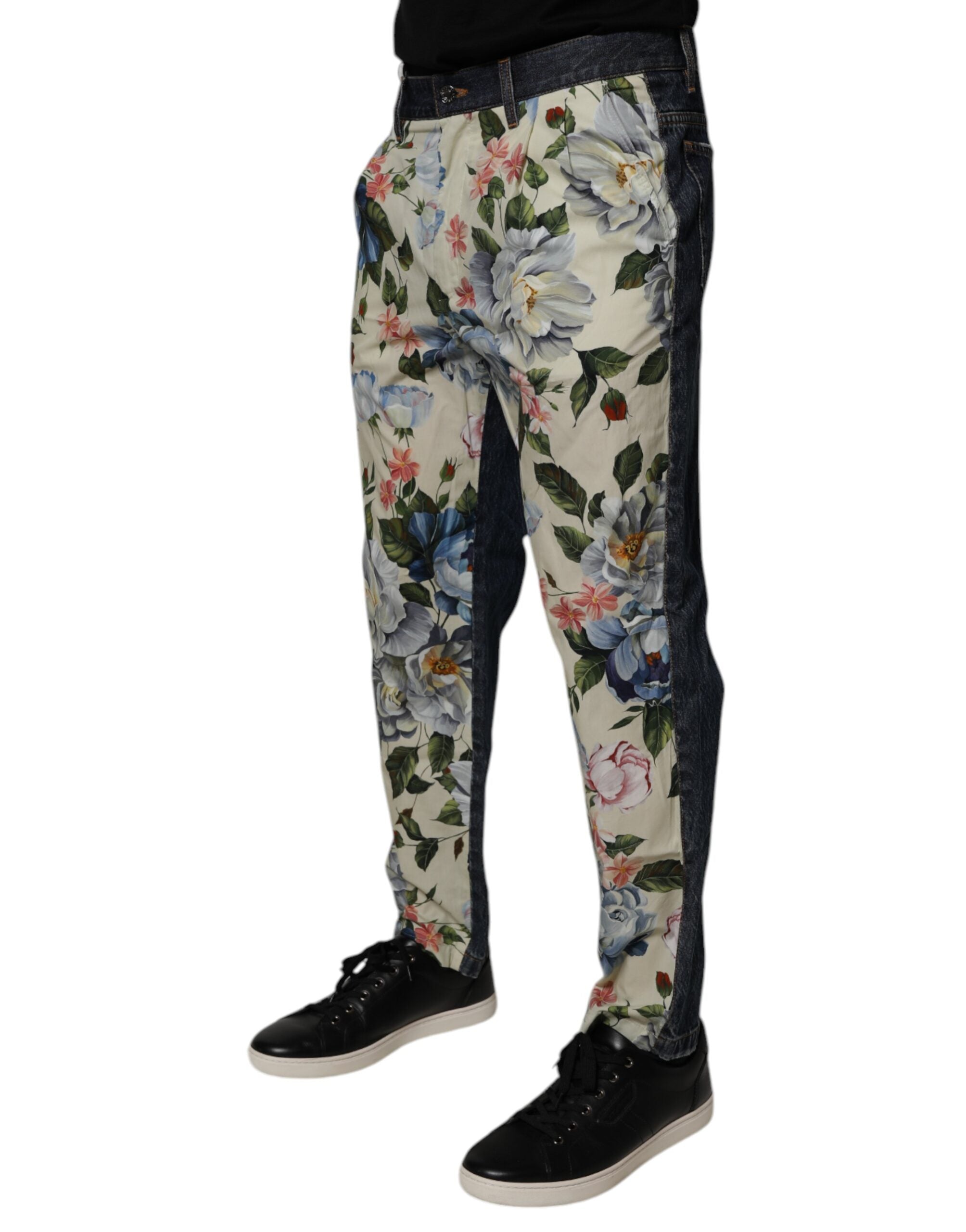 Dolce & Gabbana Beige Blue Floral Cotton Men Denim Men's Jeans