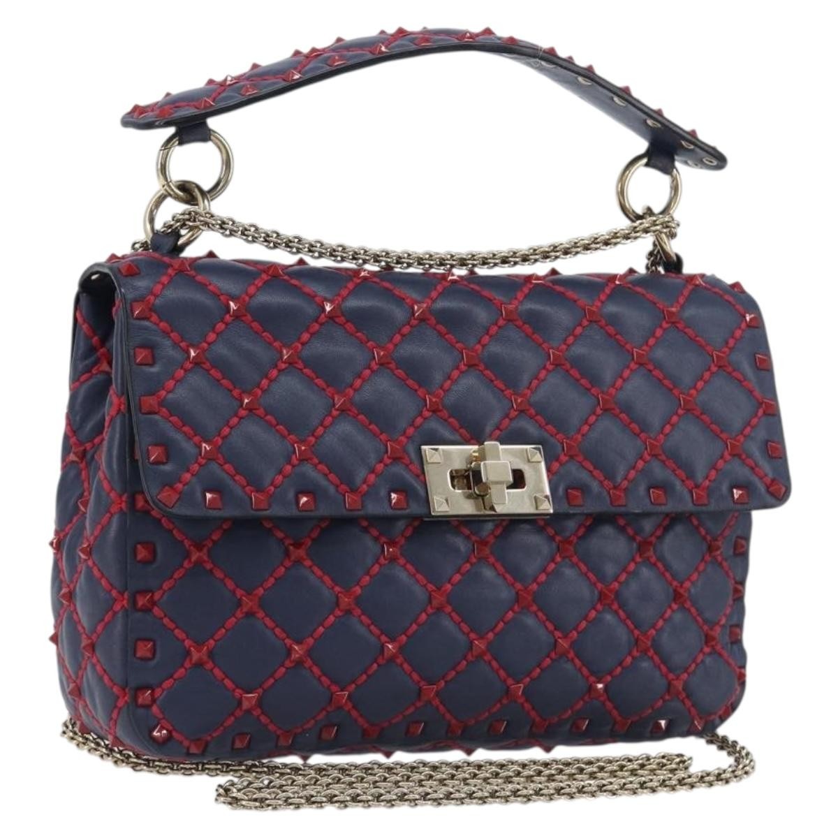 Valentino Garavani Rockstud Spike Flap Quilted Leather Navy Leather Shoulder Bag Bag (Pre-Owned)