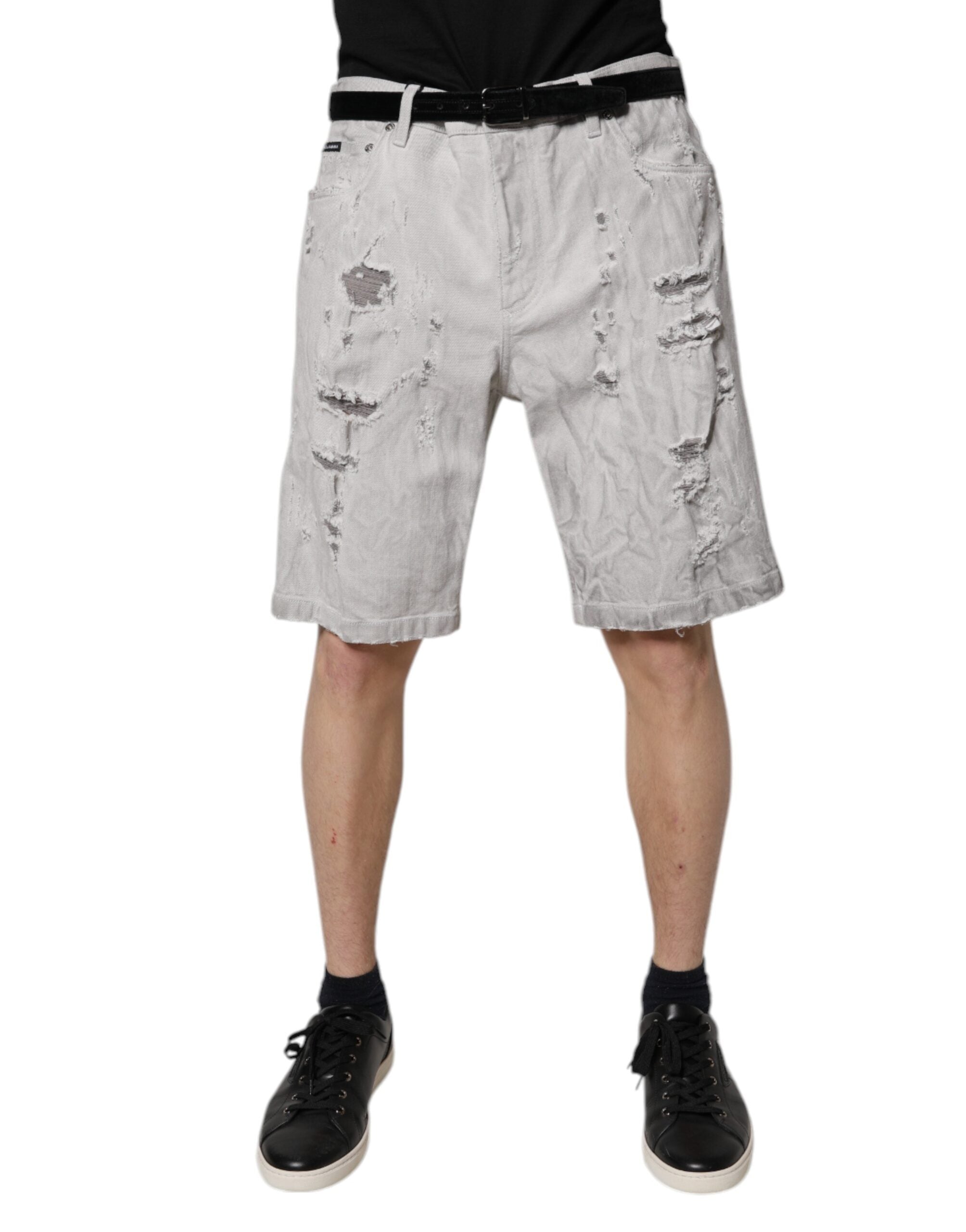 Dolce & Gabbana Light Gray Tattered Men Denim Bermuda Men's Shorts