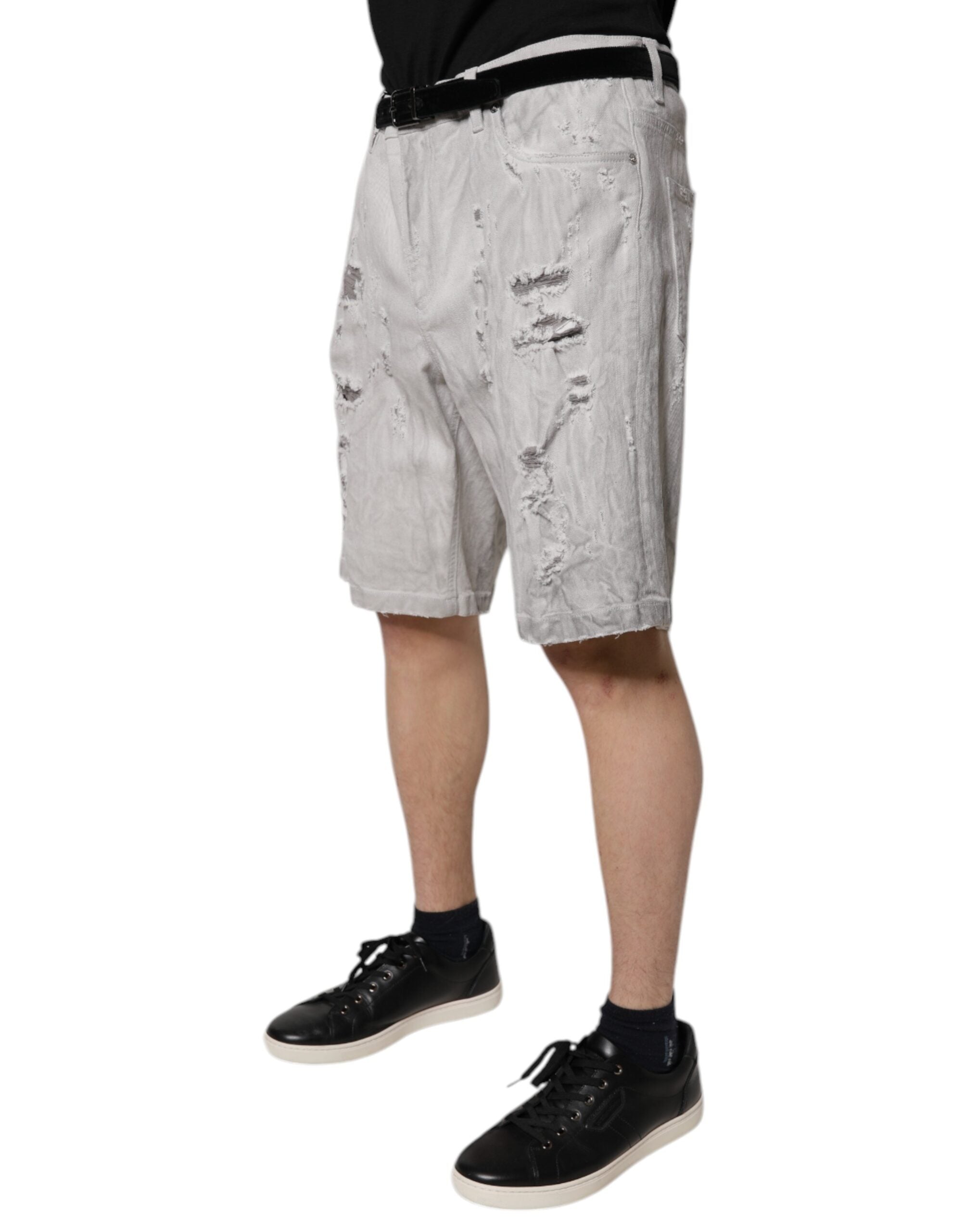 Dolce & Gabbana Light Gray Tattered Men Denim Bermuda Men's Shorts