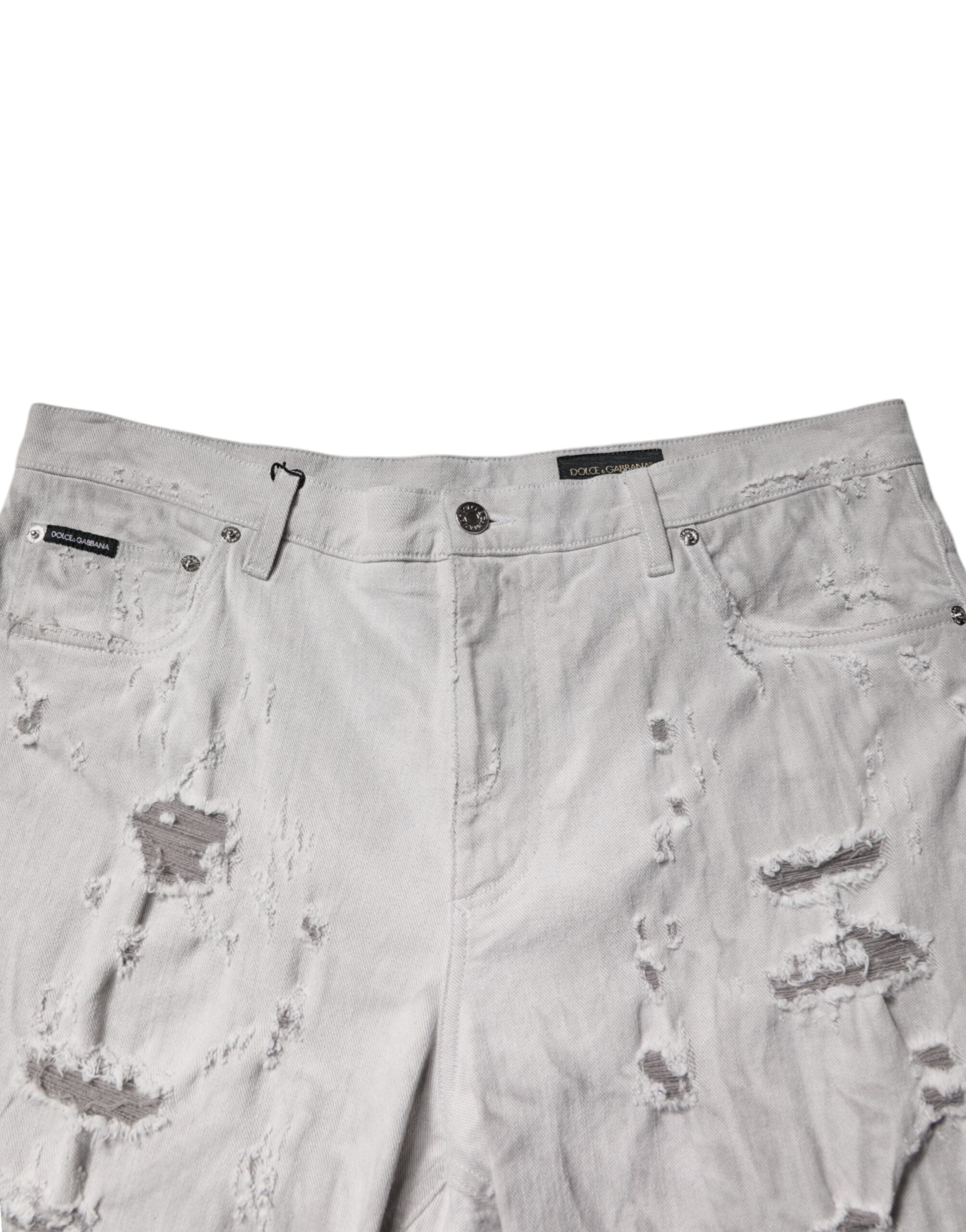Dolce & Gabbana Light Gray Tattered Men Denim Bermuda Men's Shorts