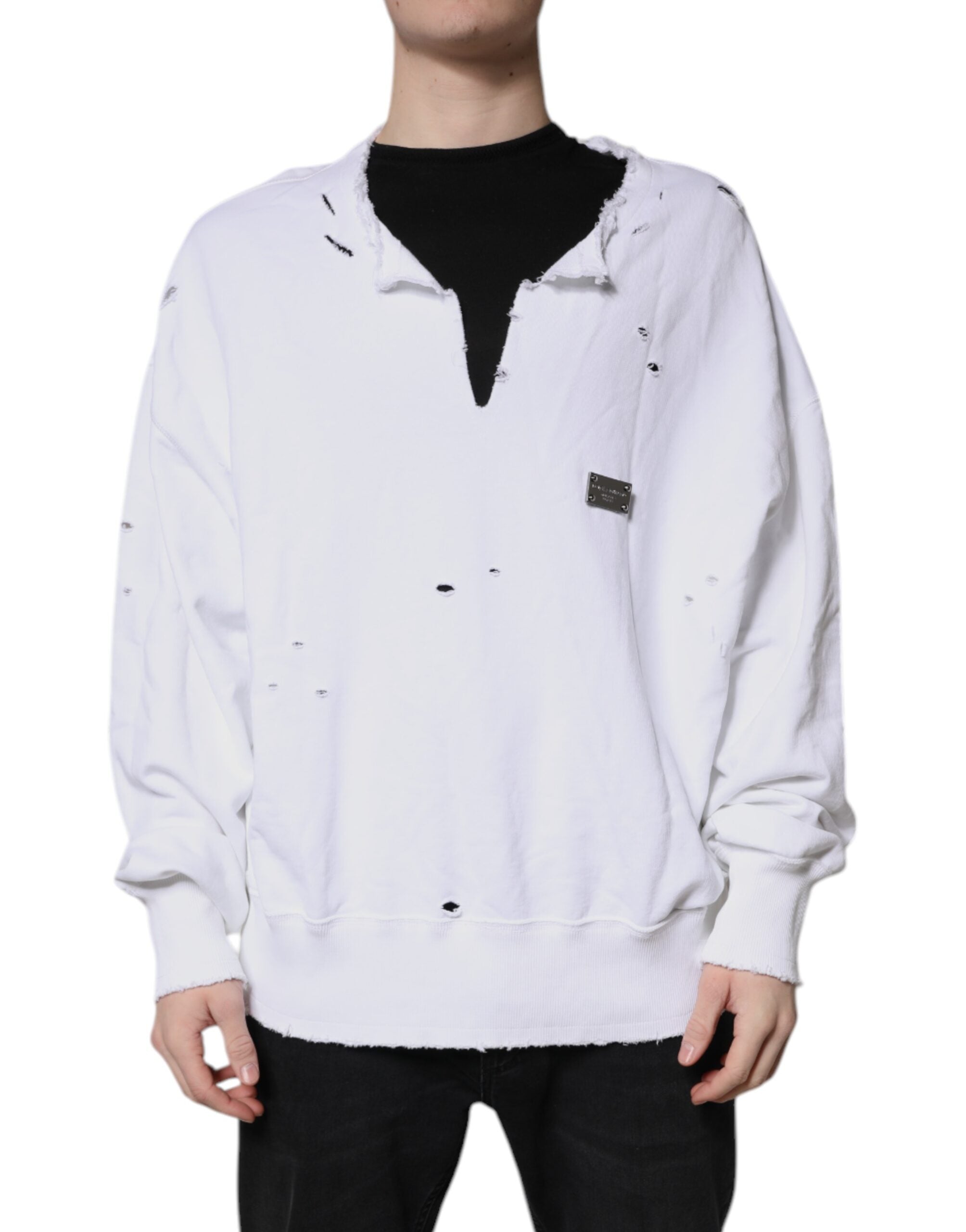 Dolce & Gabbana White Cotton Men Pullover Sweatshirt Men's Sweater