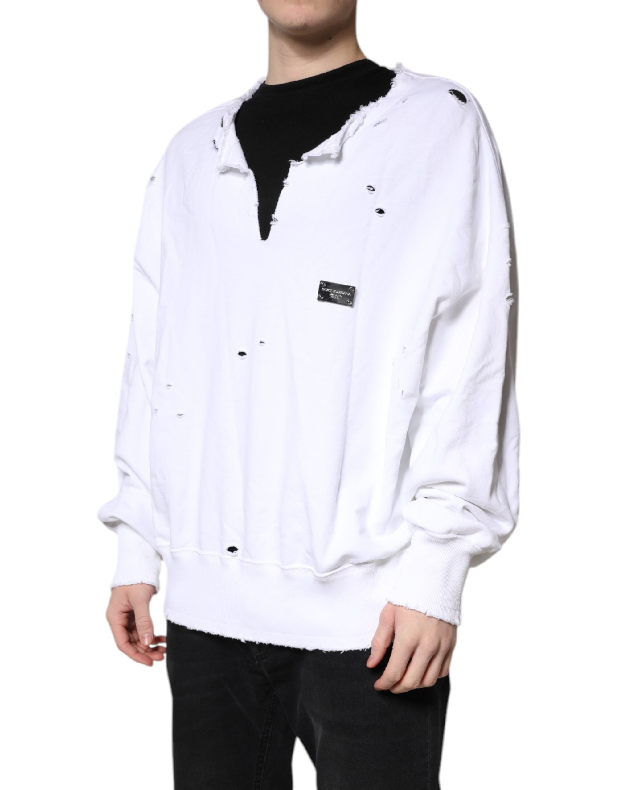 Dolce & Gabbana White Cotton Men Pullover Sweatshirt Men's Sweater