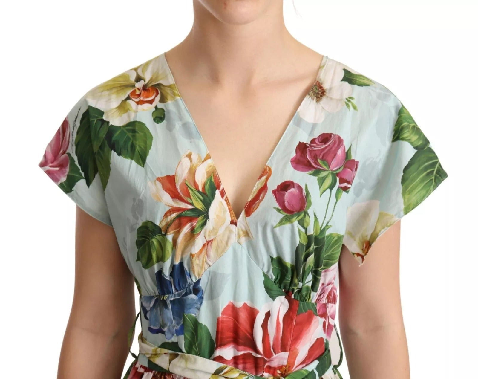Dolce & Gabbana Green Floral Short Sleeves Cotton V-neck Women's Dress (Pre-Owned)