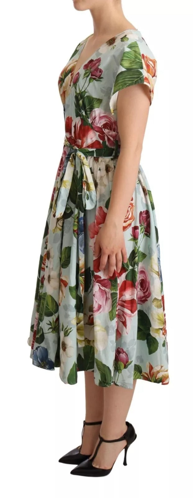 Dolce & Gabbana Green Floral Short Sleeves Cotton V-neck Women's Dress (Pre-Owned)