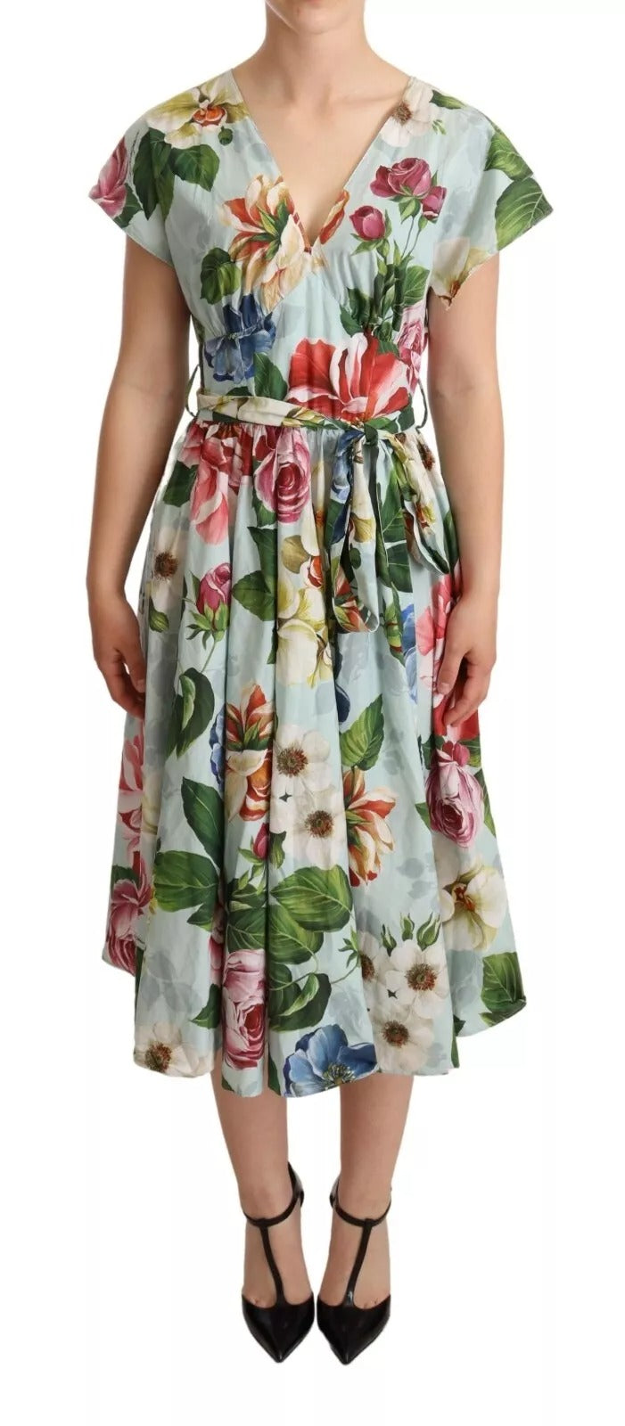 Dolce & Gabbana Green Floral Short Sleeves Cotton V-neck Women's Dress (Pre-Owned)