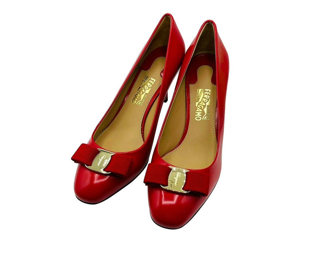 Salvatore Ferragamo Women's Red Leather Bow Heel Pump 672532 (9 B)