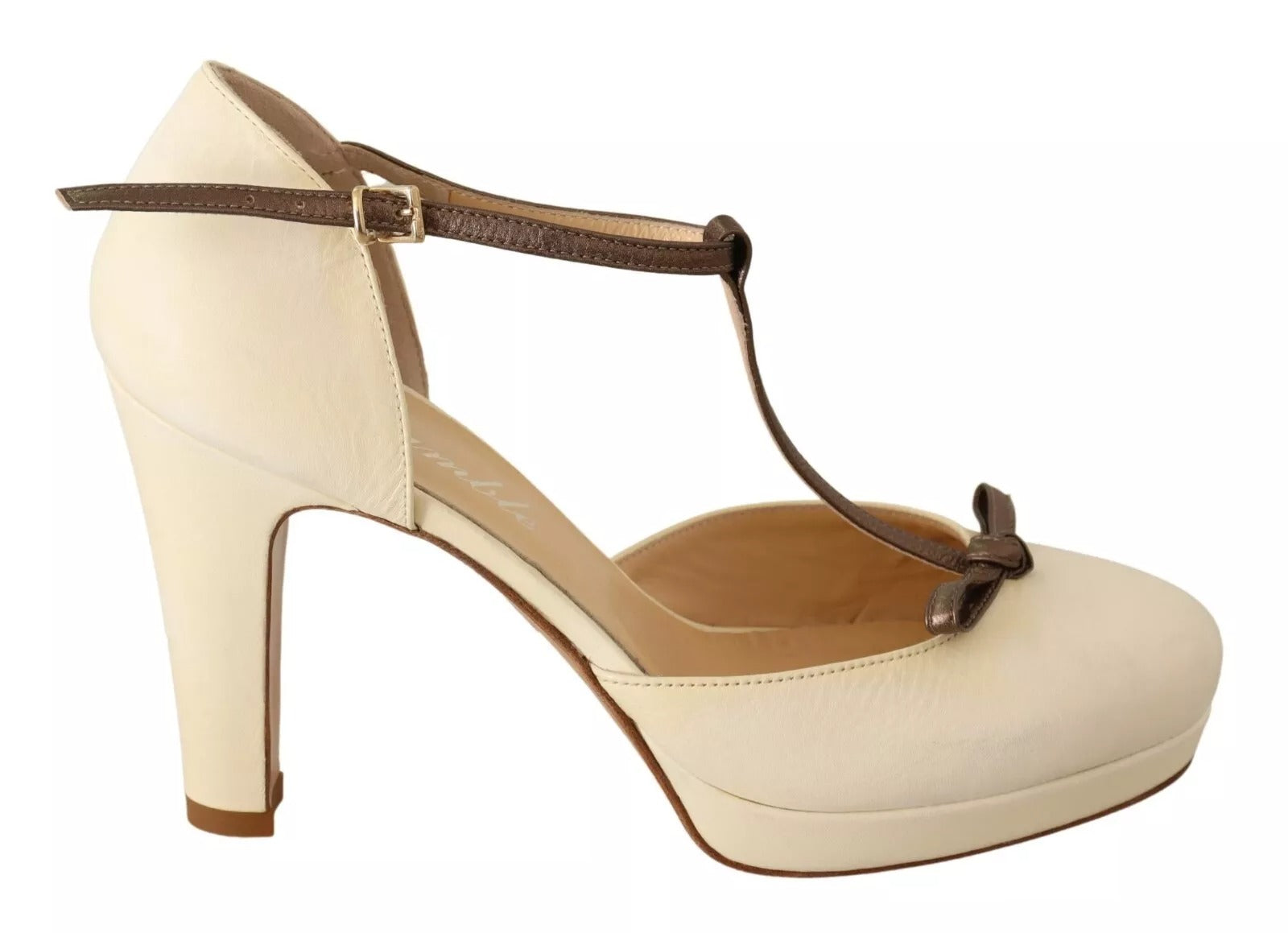 SERGIO LEVANTESI Beige T-Strap Block Heels Pumps Leather Women's Shoes (Pre-Owned)