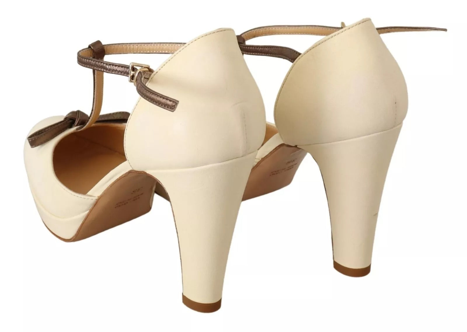 SERGIO LEVANTESI Beige T-Strap Block Heels Pumps Leather Women's Shoes (Pre-Owned)