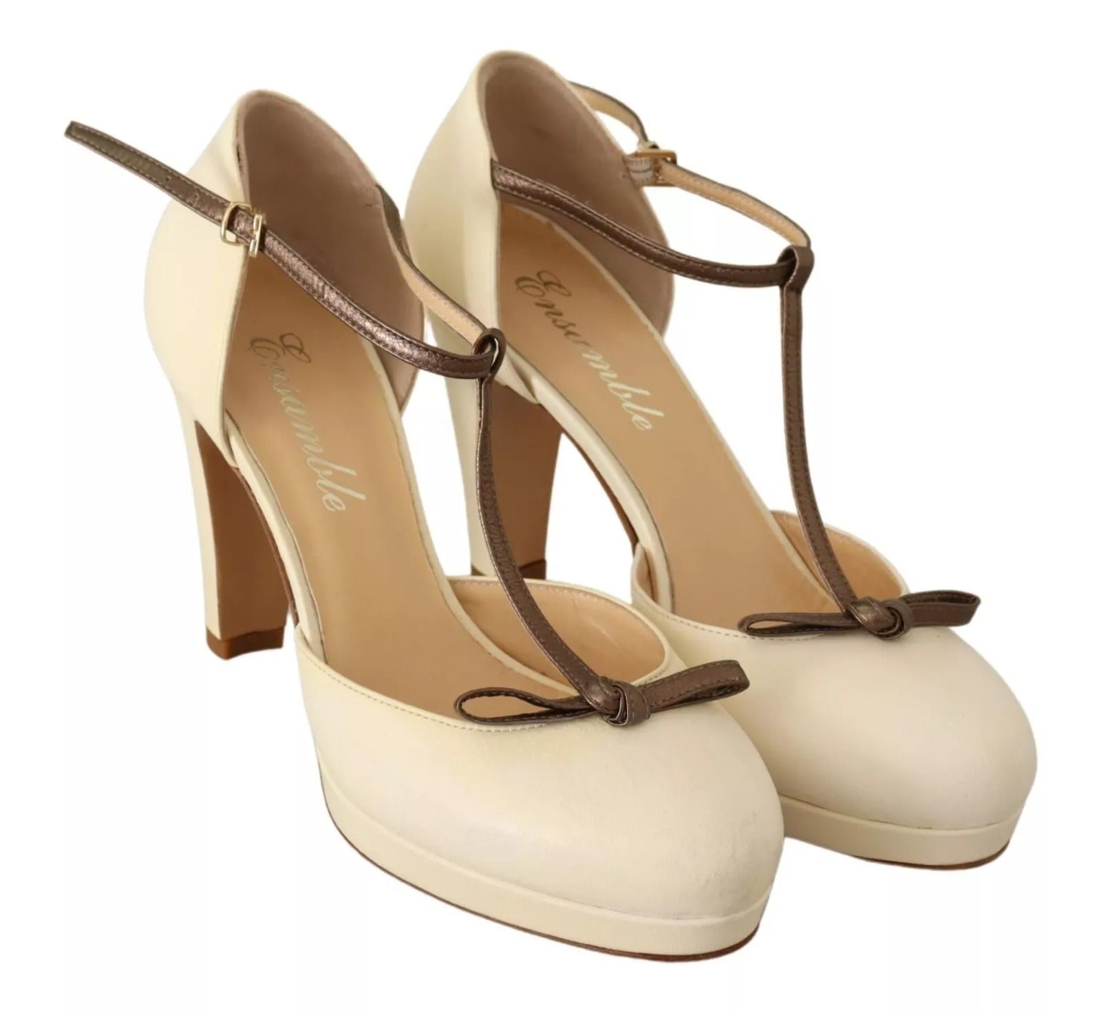 SERGIO LEVANTESI Beige T-Strap Block Heels Pumps Leather Women's Shoes (Pre-Owned)
