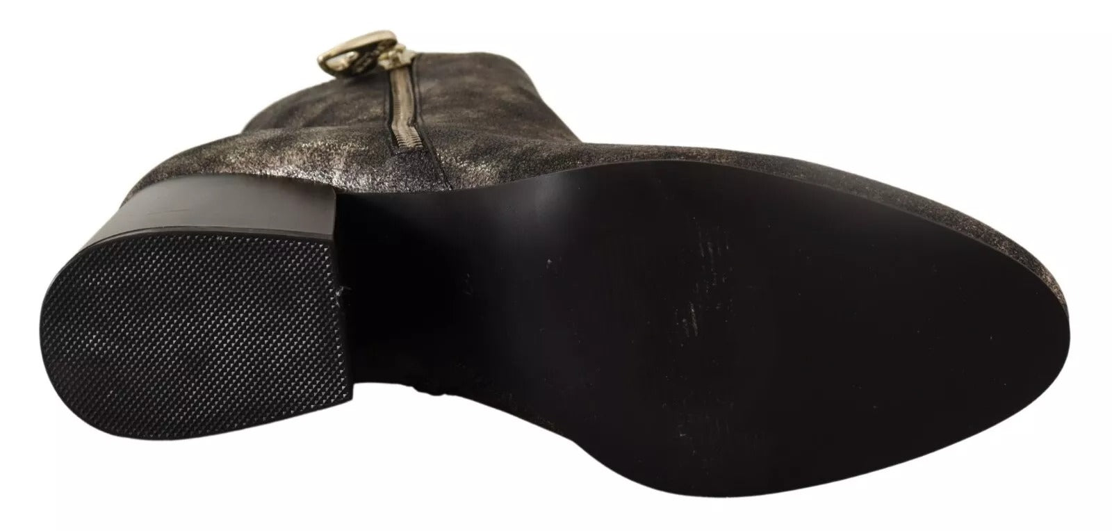 MY TWIN Black Leather Block Heels Ankle Boots Zipper Women's Shoes (Pre-Owned)