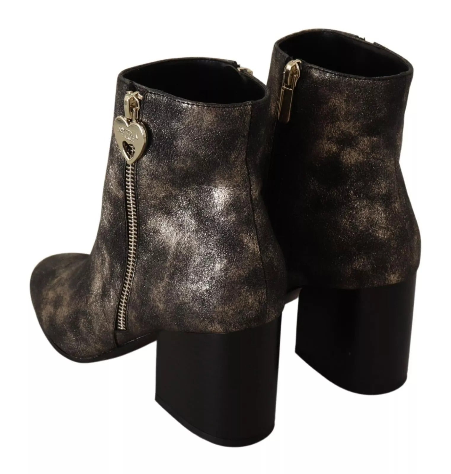 MY TWIN Black Leather Block Heels Ankle Boots Zipper Women's Shoes (Pre-Owned)