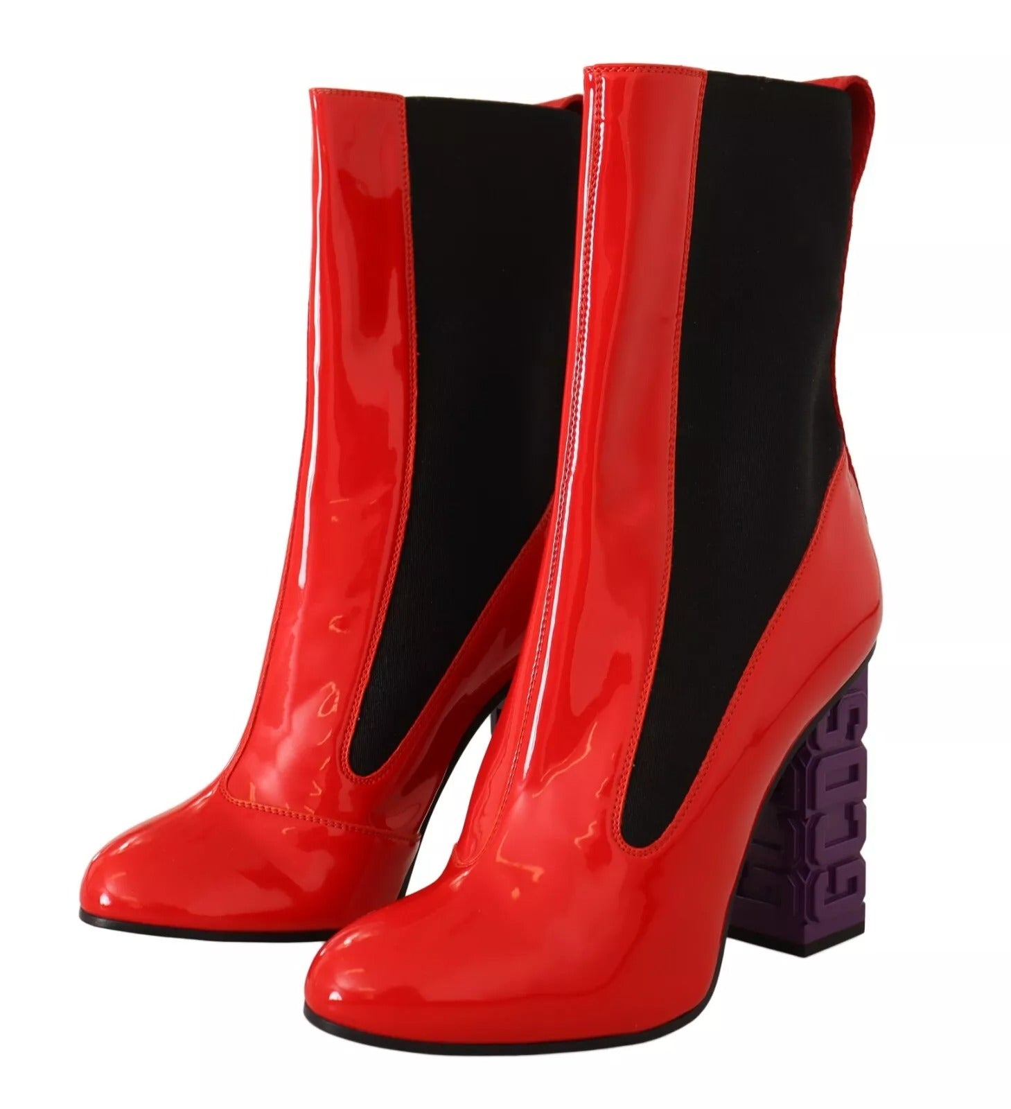 GCDS Red Leather Black Fabric Logo Heel Ankle Boots Women's Shoes (Pre-Owned)
