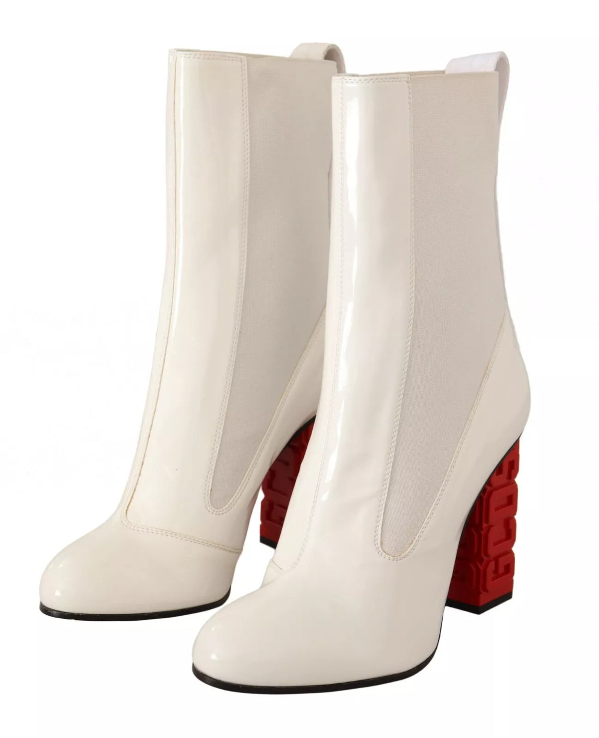 GCDS White Leather Fabric Red Logo Heel Ankle Boots Women's Shoes (Pre-Owned)