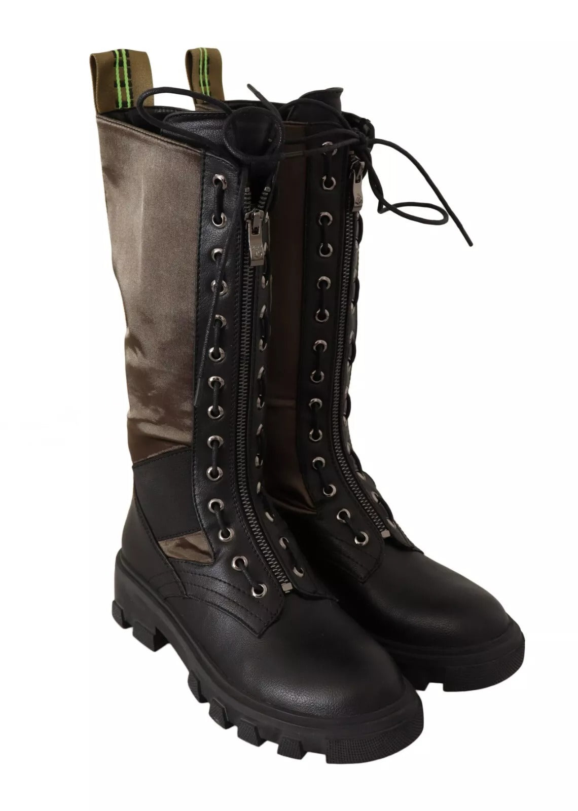 Gaelle Black Green High Combat Boots Lace Up Military Women's Shoes (Pre-Owned)