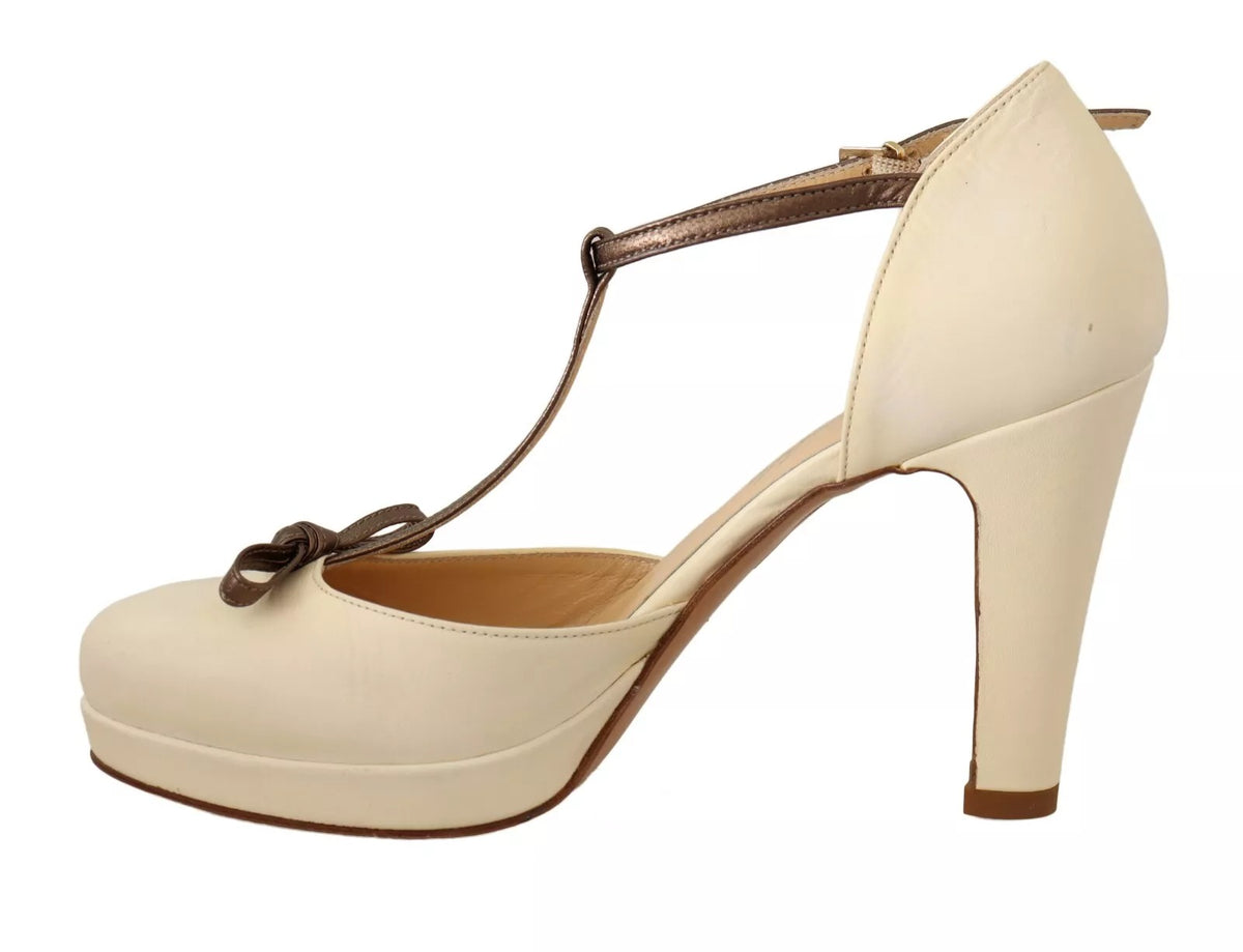 SERGIO LEVANTESI Off White Leather T-Strap Heels Sandals Women's Shoes (Pre-Owned)