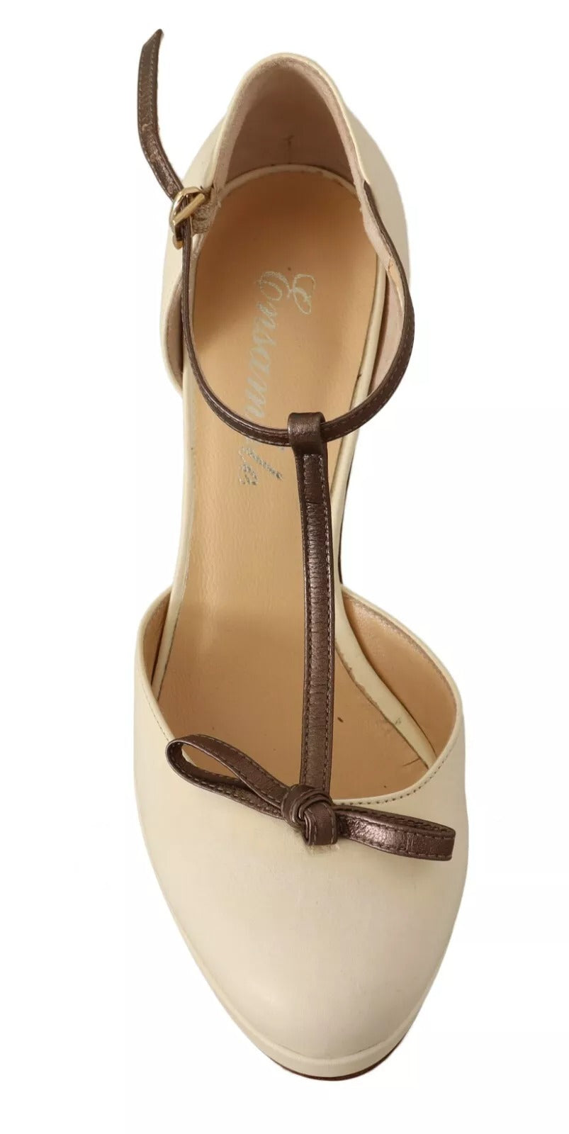 SERGIO LEVANTESI Off White Leather T-Strap Heels Sandals Women's Shoes (Pre-Owned)