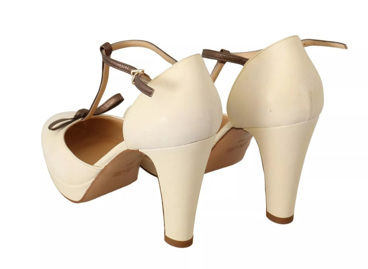 SERGIO LEVANTESI Off White Leather T-Strap Heels Sandals Women's Shoes (Pre-Owned)
