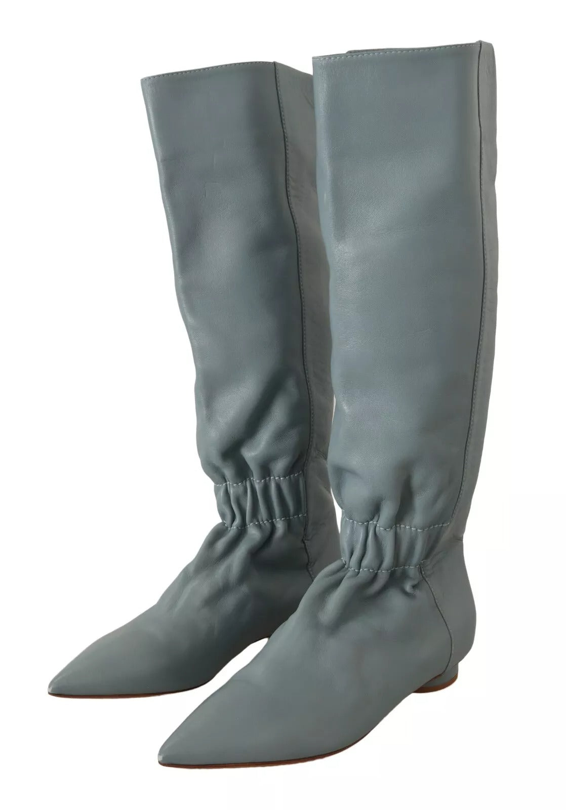 Valentino Blue Leather Elastic Flats Pull On Knee High Boots Women's Shoes (Pre-Owned)